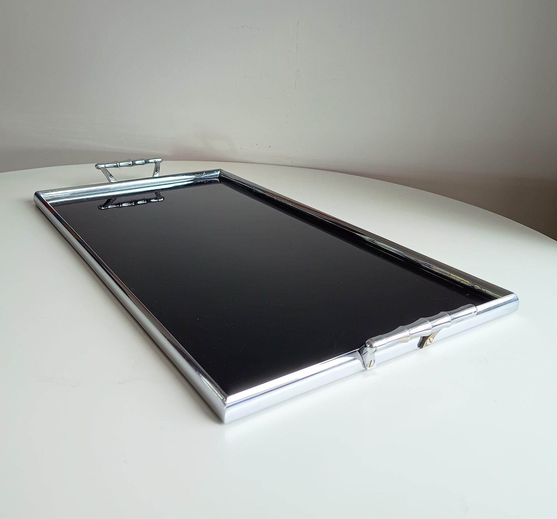 Maison Baguès – style Mid-Century Modern tray - deep black Vitrolite pressed glass with faux bamboo chromed brass handles