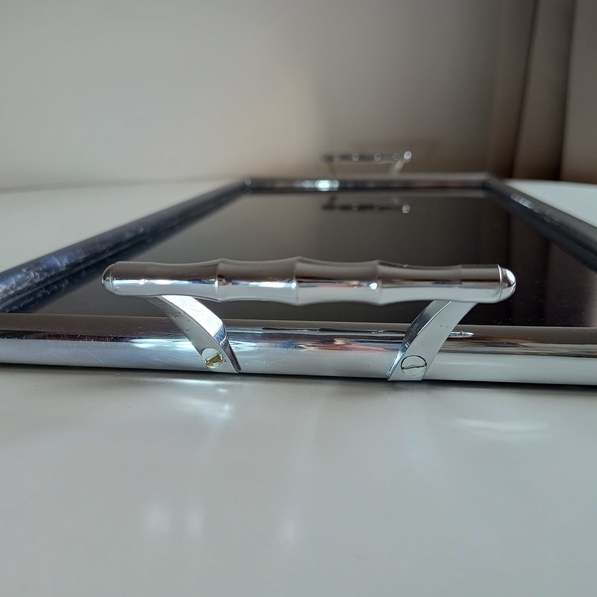 Maison Baguès – style Mid-Century Modern tray - deep black Vitrolite pressed glass with faux bamboo chromed brass handles