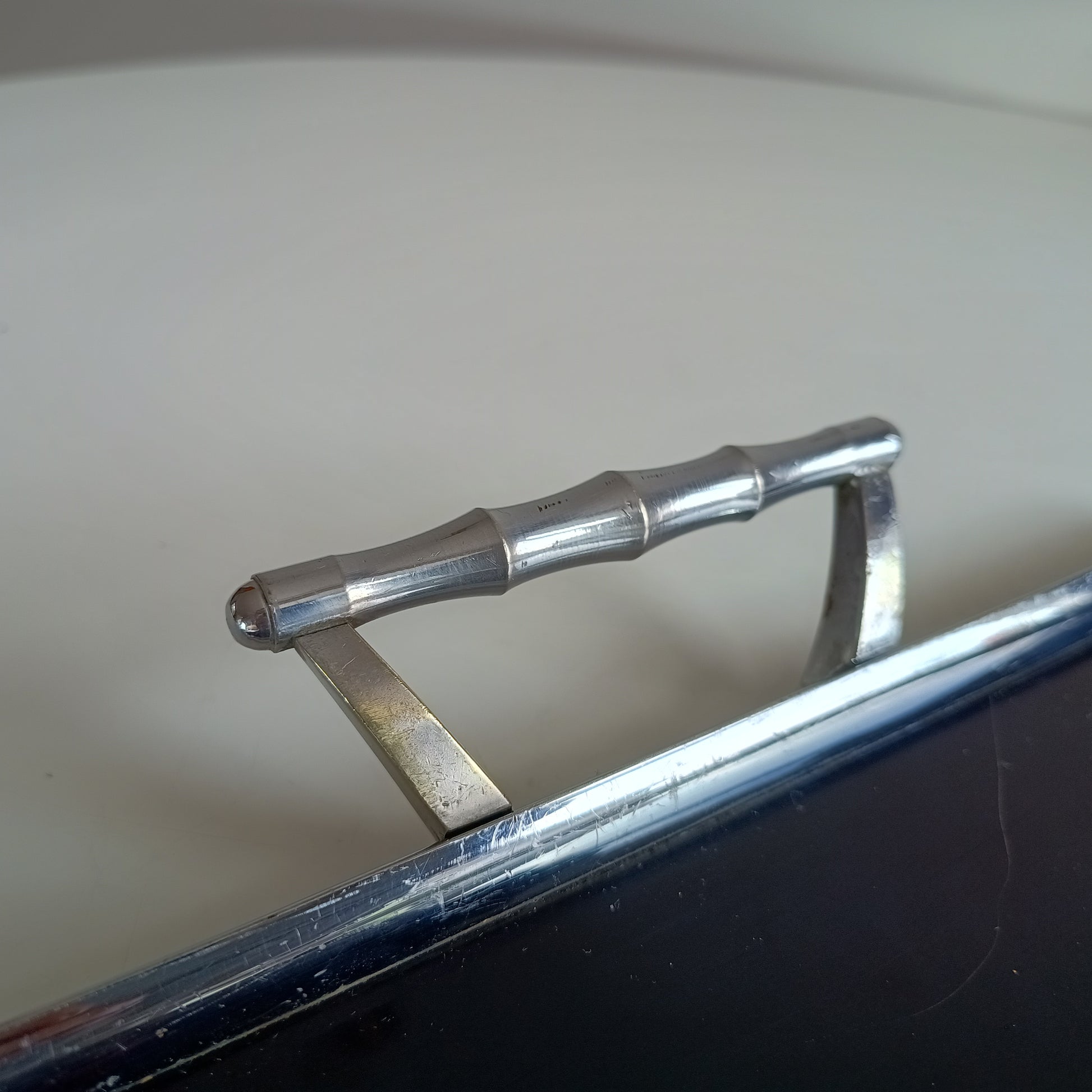 Maison Baguès – style Mid-Century Modern tray - deep black Vitrolite pressed glass with faux bamboo chromed brass handles