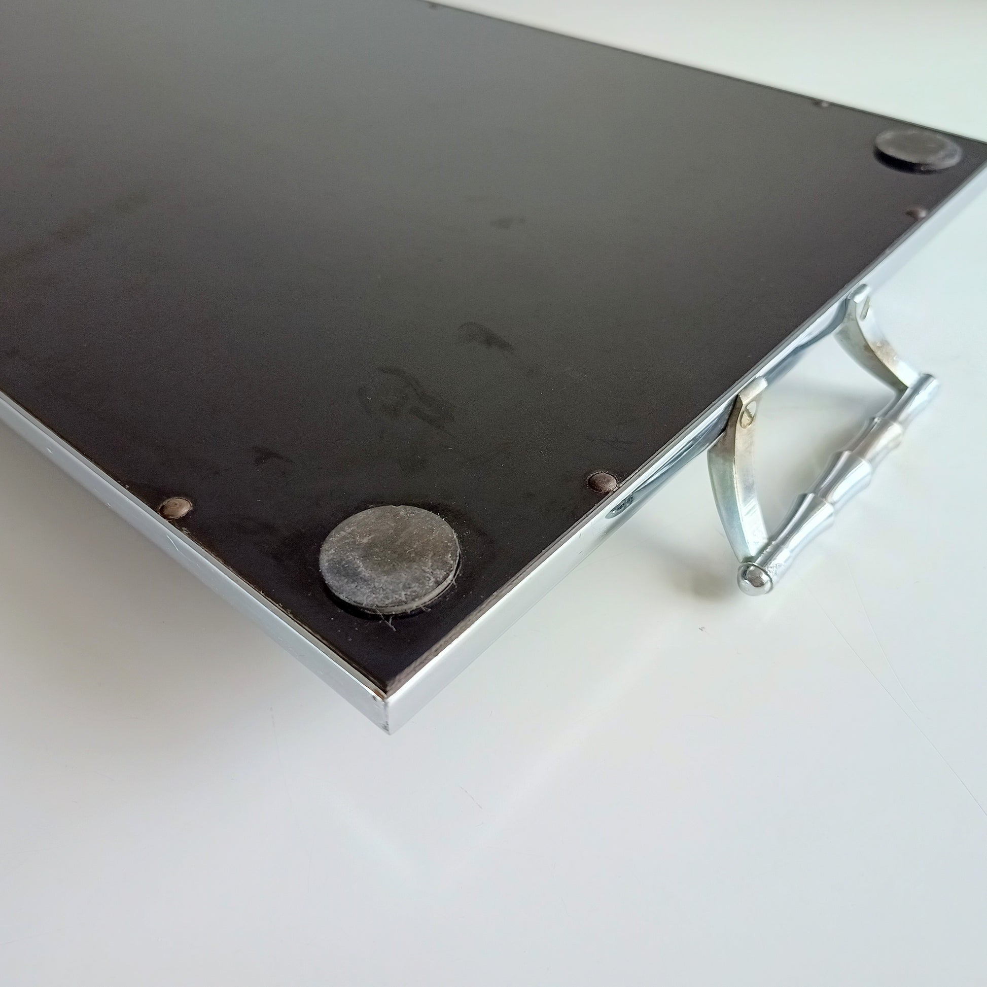 Maison Baguès – style Mid-Century Modern tray - deep black Vitrolite pressed glass with faux bamboo chromed brass handles riveted construction