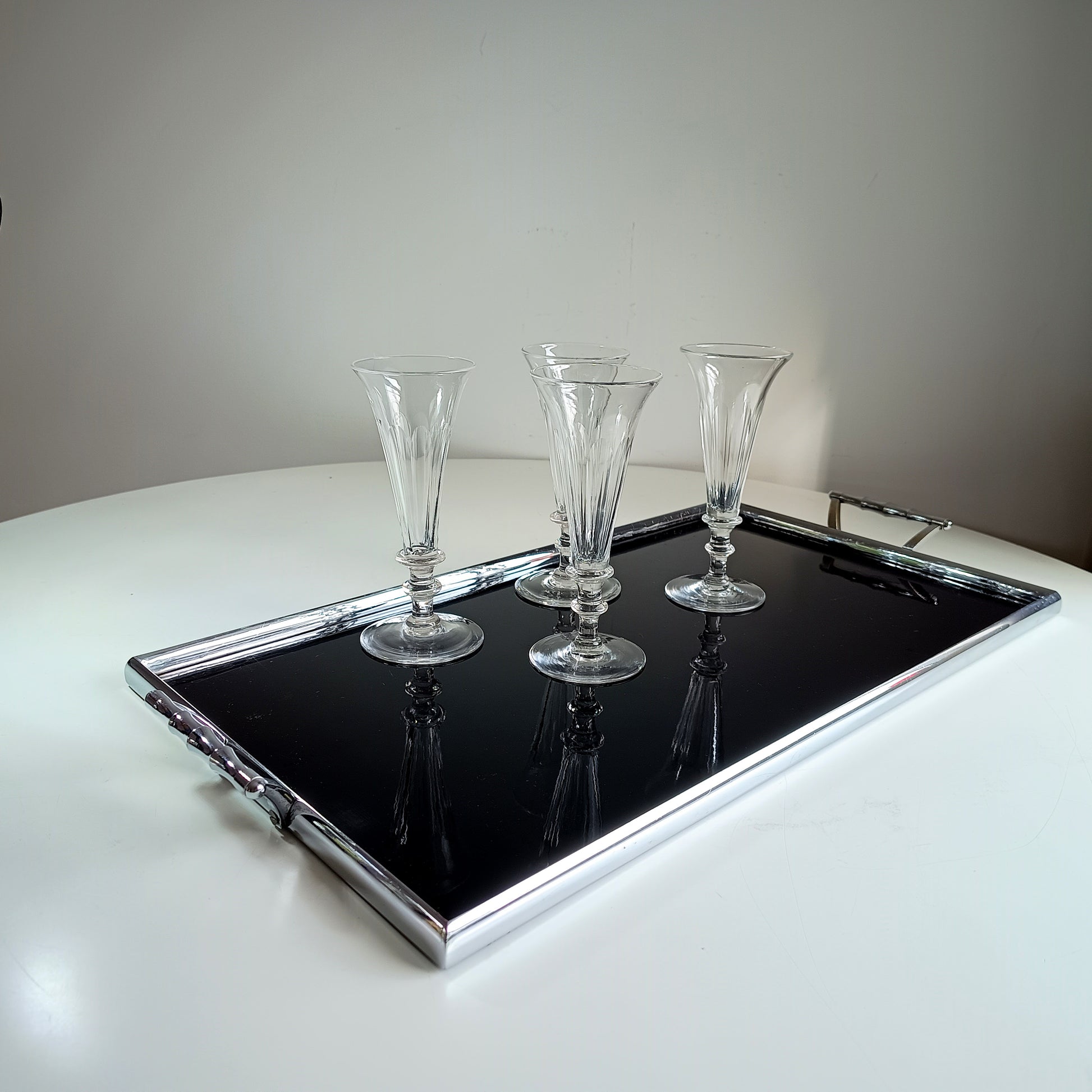 Maison Baguès – style Mid-Century Modern tray - deep black Vitrolite pressed glass with faux bamboo chromed brass handles