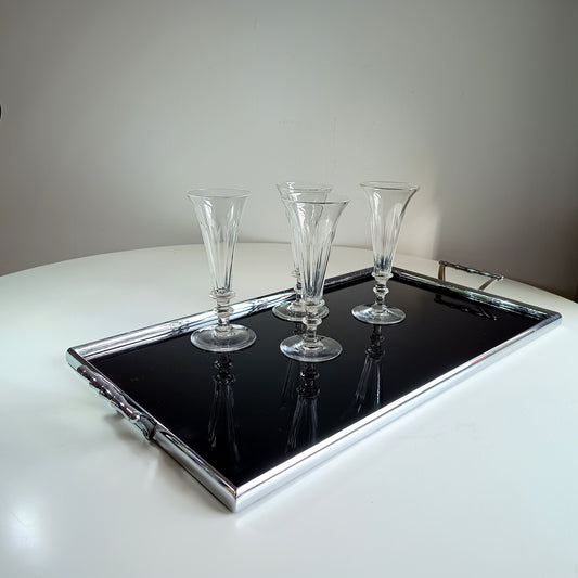 Maison Baguès – style Mid-Century Modern tray - deep black Vitrolite pressed glass with faux bamboo chromed brass handles