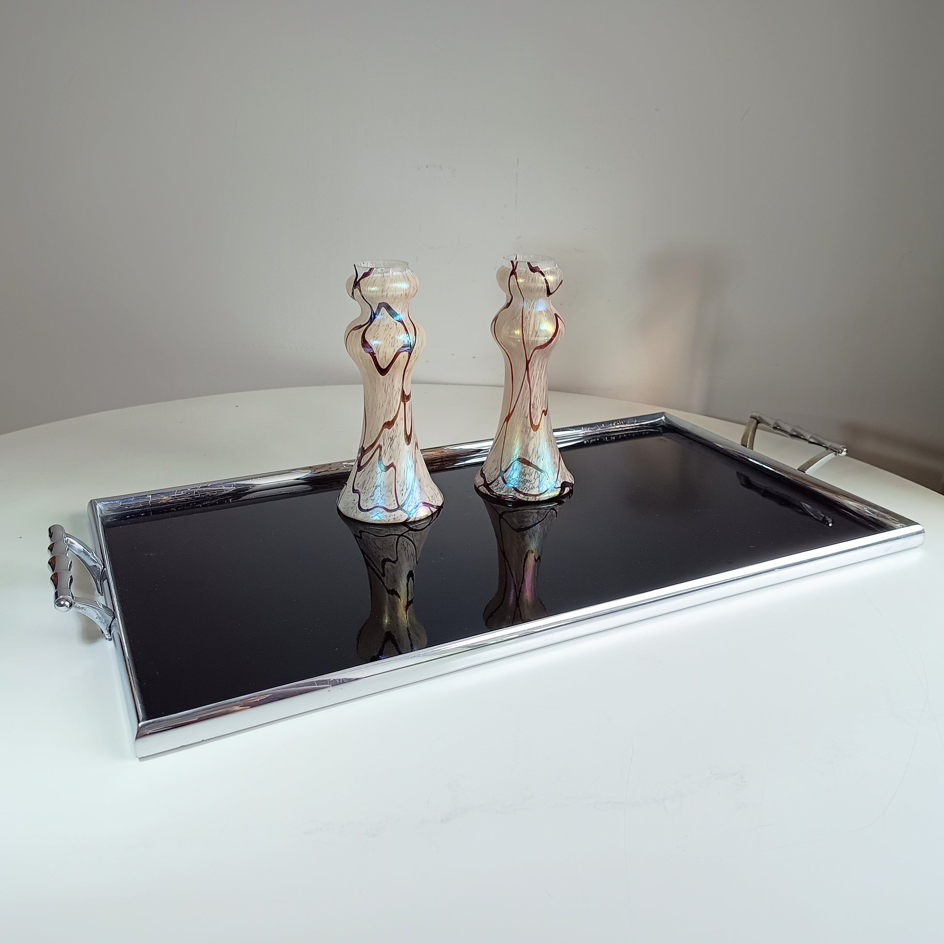 Maison Baguès – style Mid-Century Modern tray - deep black Vitrolite pressed glass with faux bamboo chromed brass handles