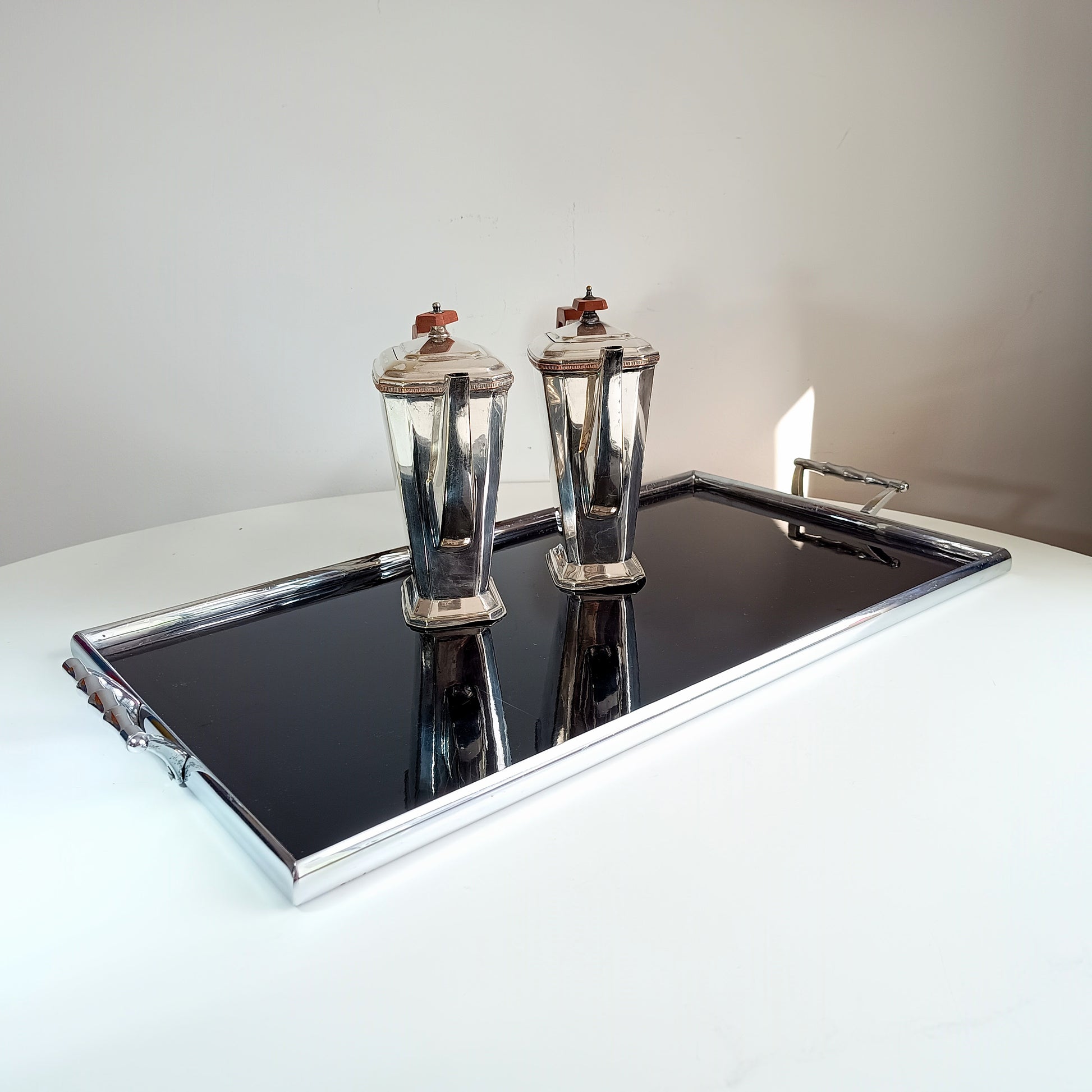 Maison Baguès – style Mid-Century Modern tray - deep black Vitrolite pressed glass with faux bamboo chromed brass handles