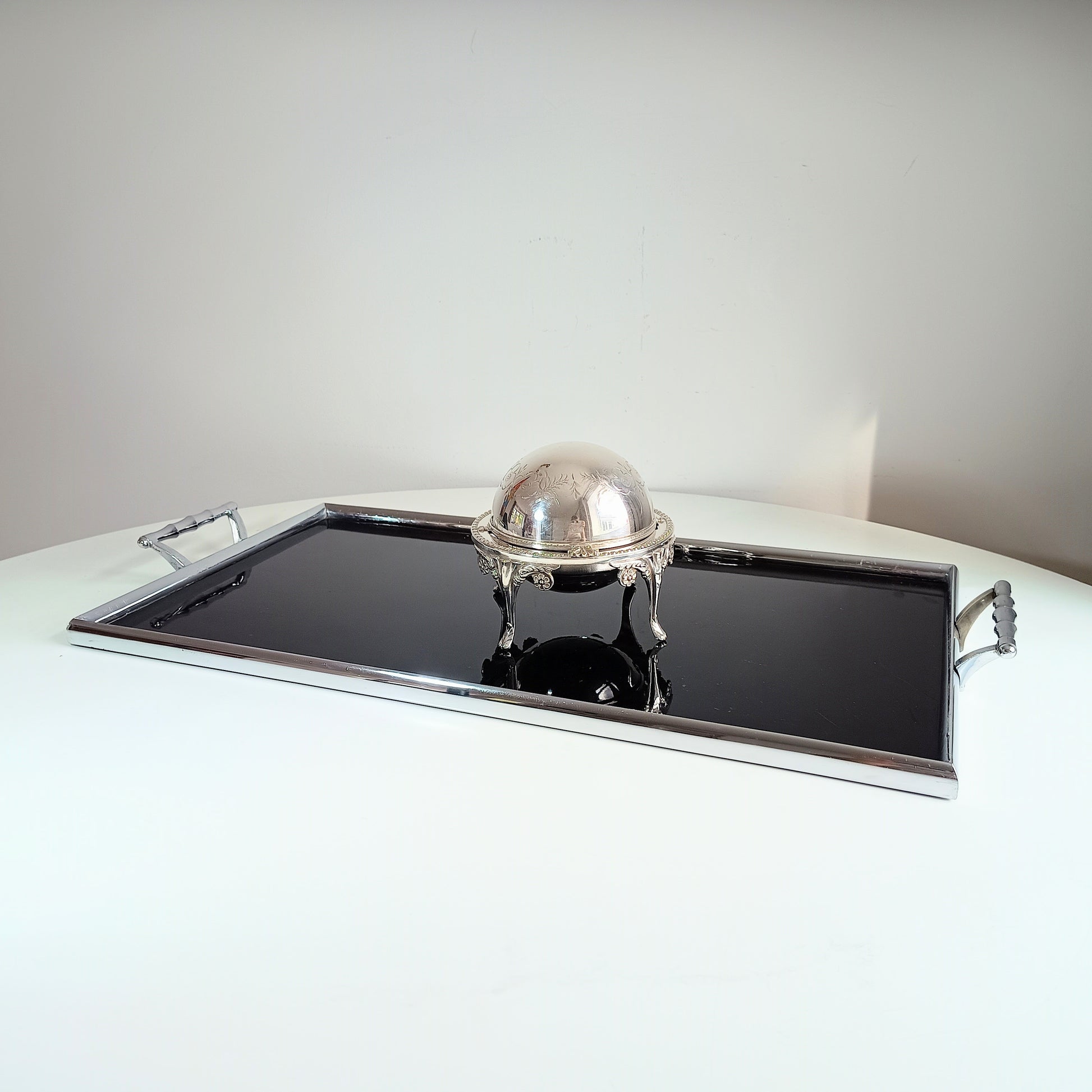 Maison Baguès – style Mid-Century Modern tray - deep black Vitrolite pressed glass with faux bamboo chromed brass handles