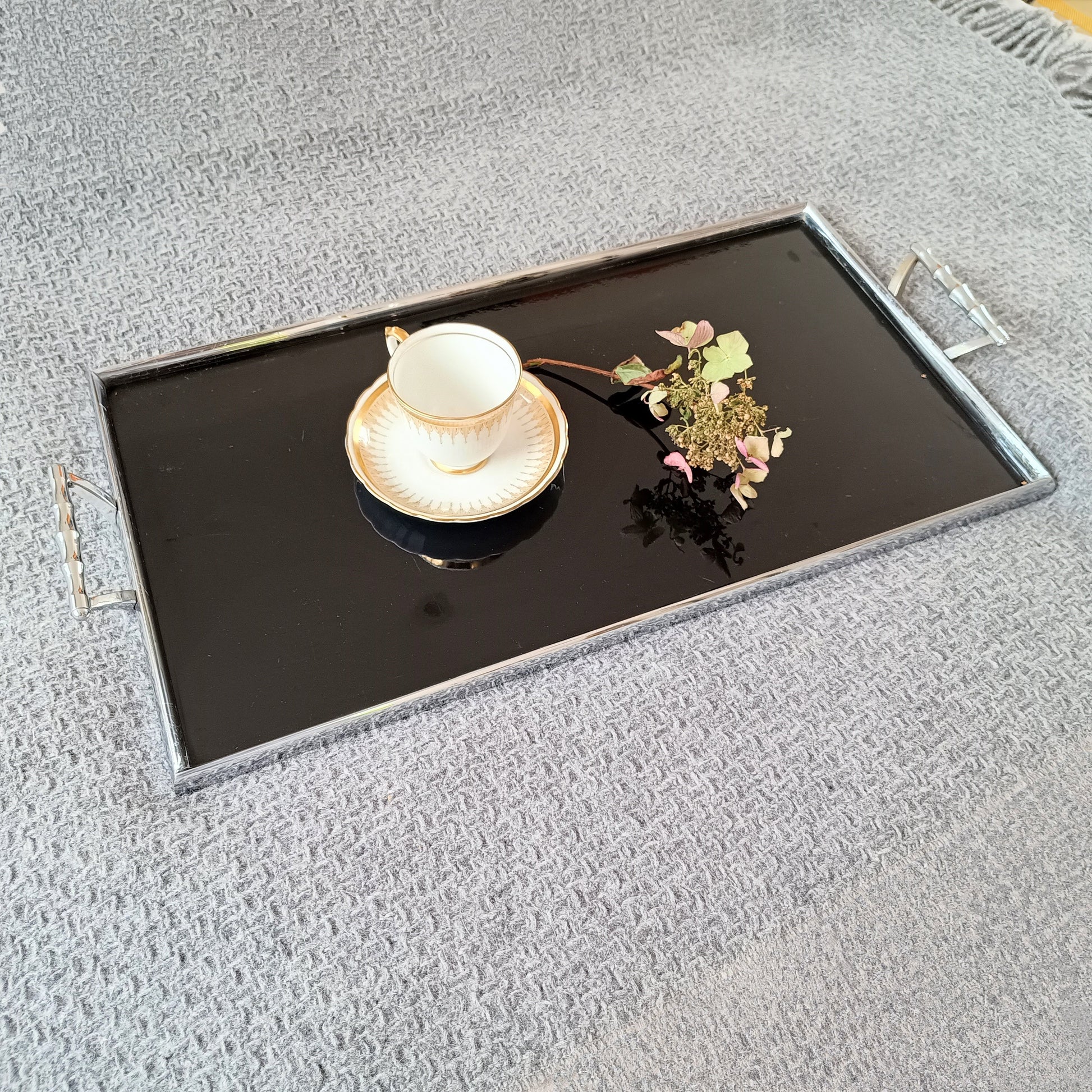 Maison Baguès – style Mid-Century Modern tray - deep black Vitrolite pressed glass with faux bamboo chromed brass handles