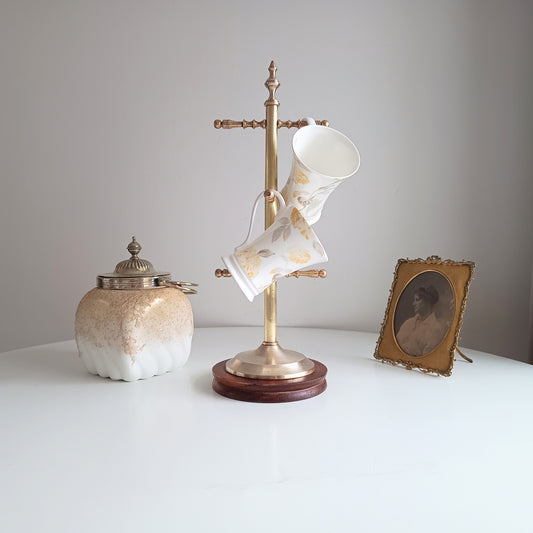 Vintage Cottage Tea Cups Holder or Coffee Mugs Drinks Station, Brass and Mahogany Tone Wood