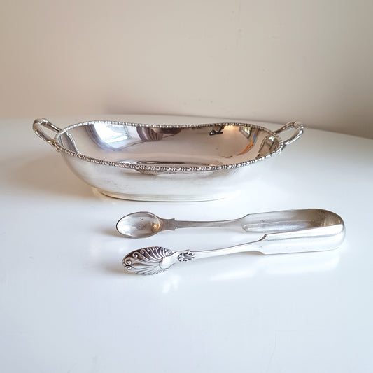 Vintage Silver Bread Roll Basket or Croissant Serving Dish with Scottish Style Serving Tongs