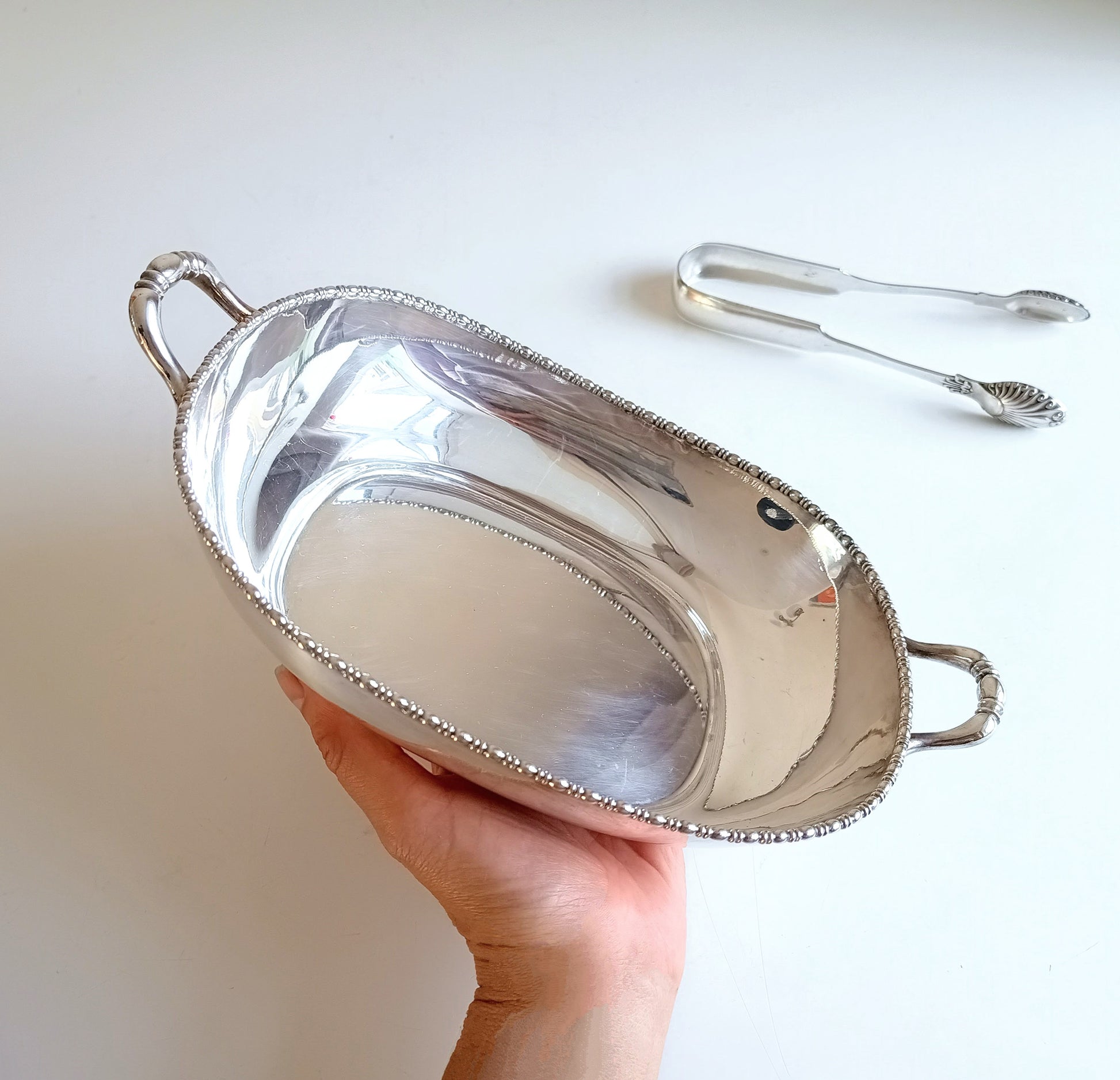 Vintage Silver Bread Roll Basket with Gadrooned Edge and Two Handles