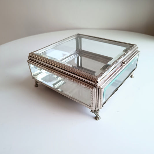 Vintage French Large and Heavy Bevelled Glass, Chromed Metal Frame with Decorative Feet Jewellery Display Box or Watch Box
