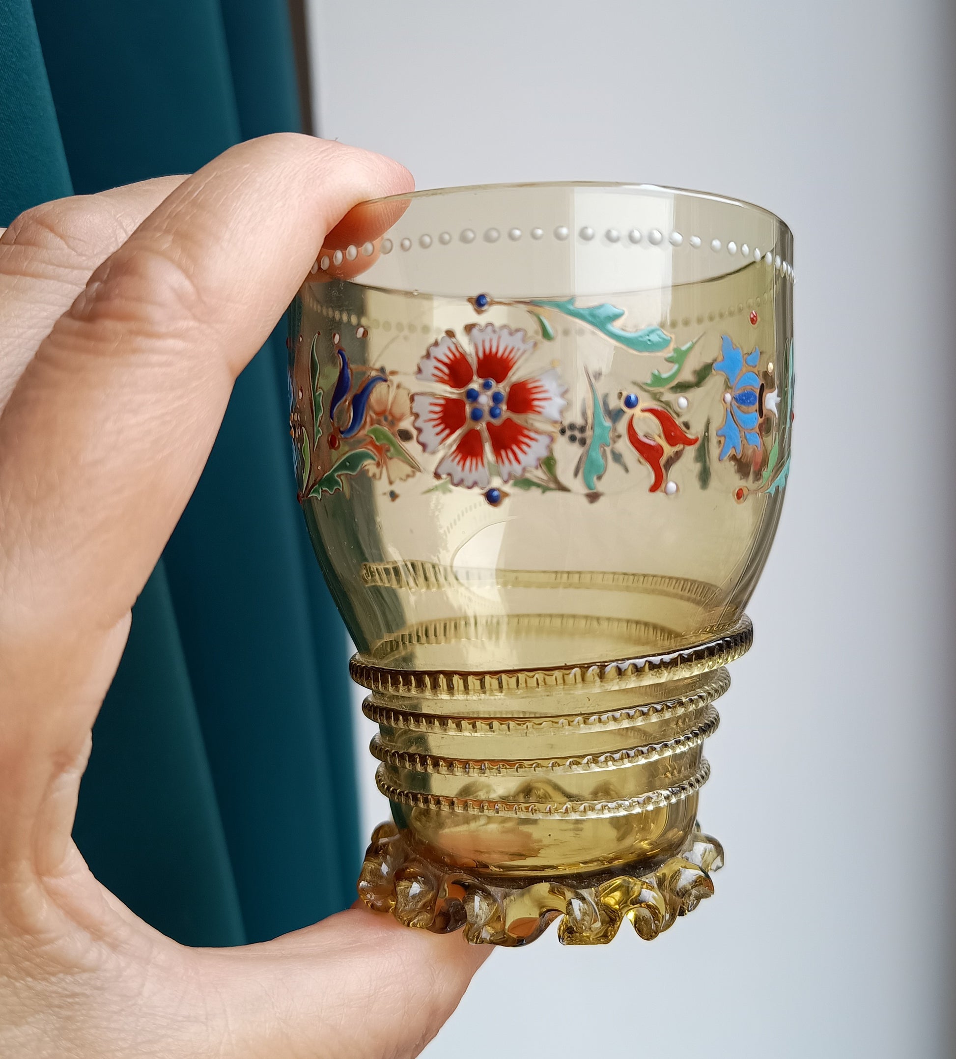 Theresienthal Historismus Enamelled Olive Green Antikgrün Glass "Roman" Beaker by Henrietta Von Porschinger, Renaissance Revival