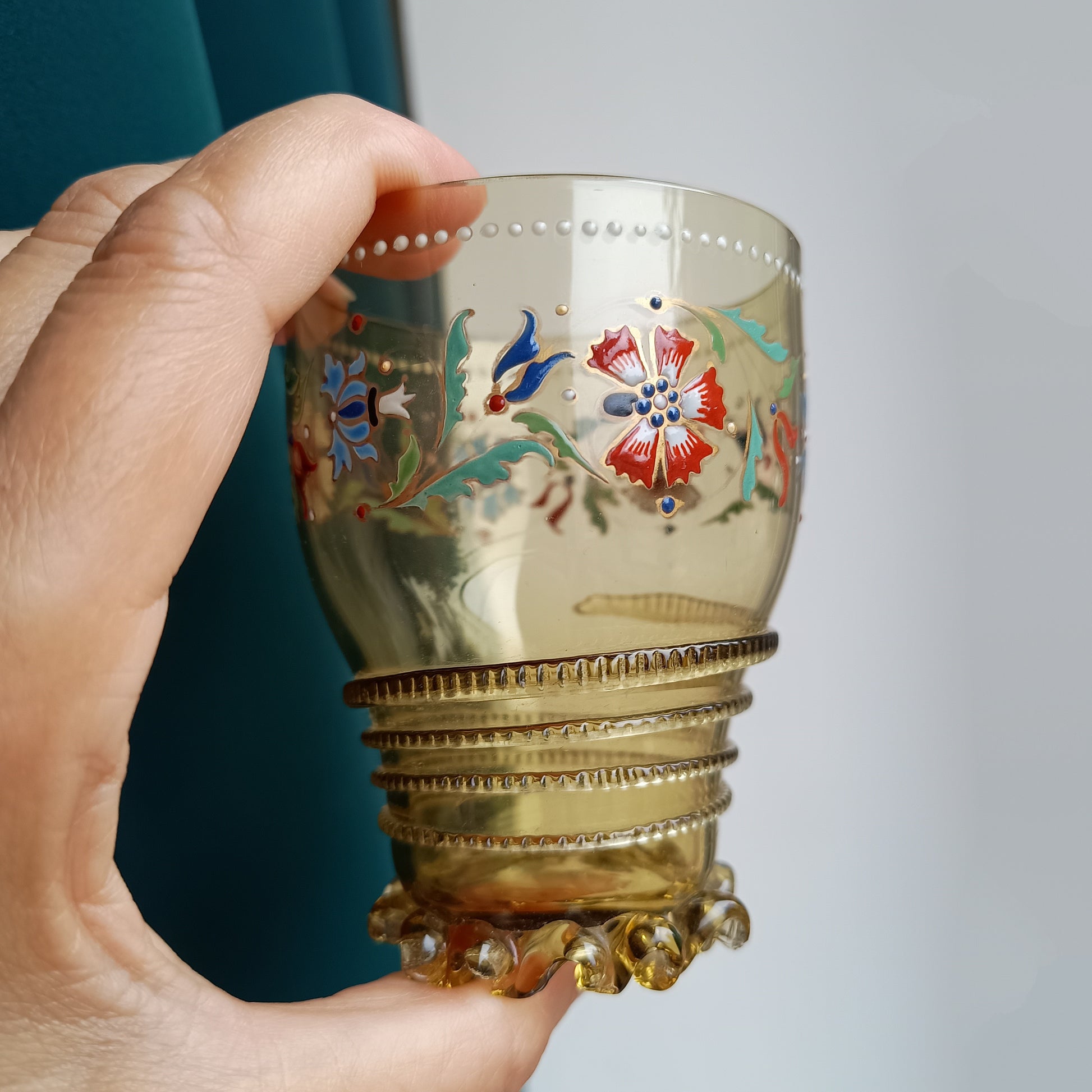 Theresienthal Historismus Enamelled Olive Green Antikgrün Glass "Roman" Beaker by Henrietta Von Porschinger, Renaissance Revival