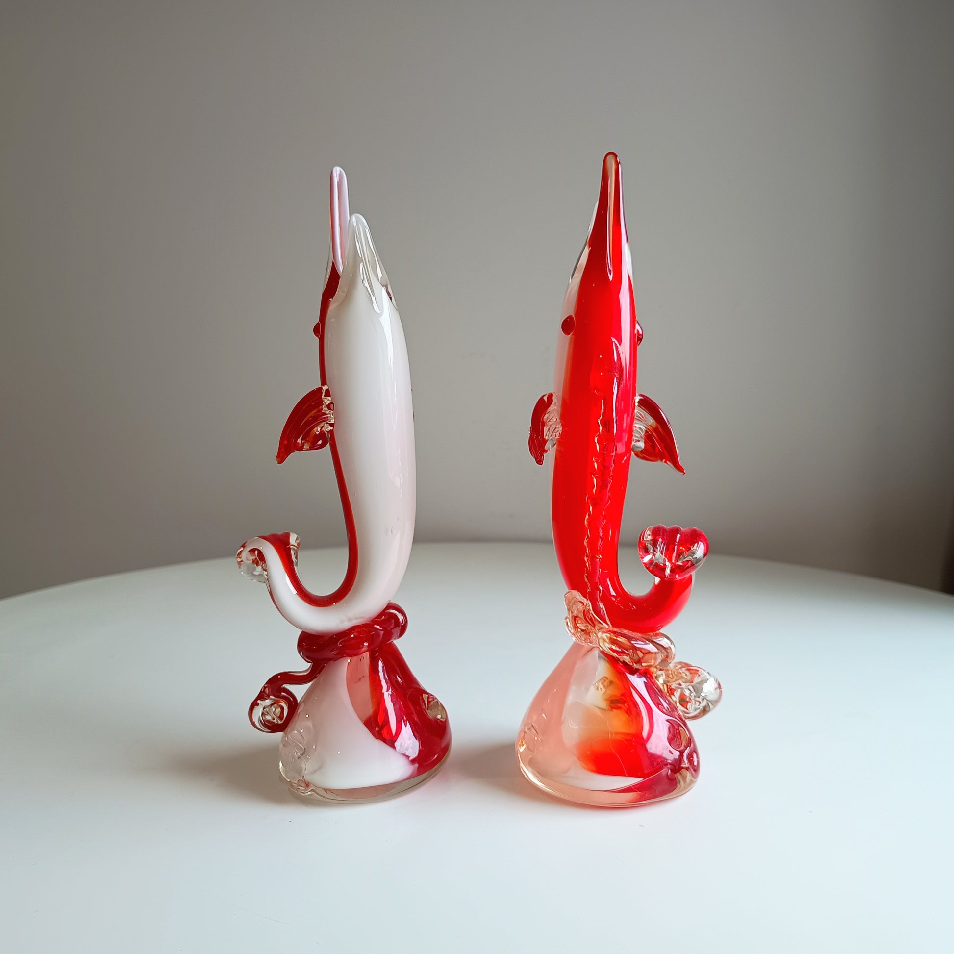 Cased Ruby over Opaque Lattimo Art Glass Solifleur Murano Swordfish Vases amber rigaree fins, lobed foot, pontil,  Alfredo Barbini