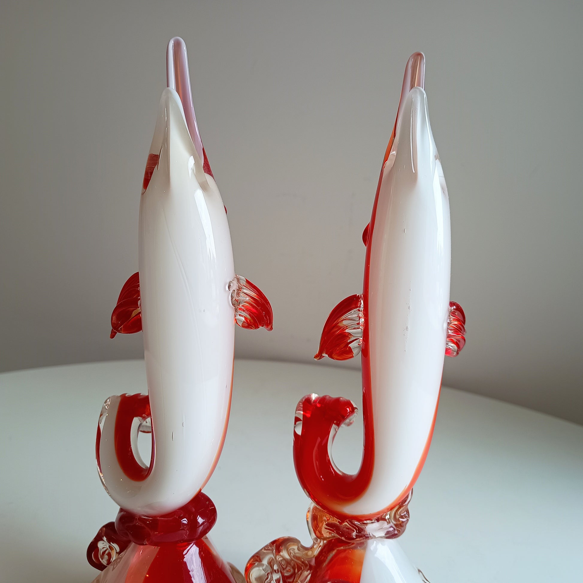Cased Ruby over Opaque Lattimo Art Glass Solifleur Murano Swordfish Vases amber rigaree fins, lobed foot, pontil,  Alfredo Barbini