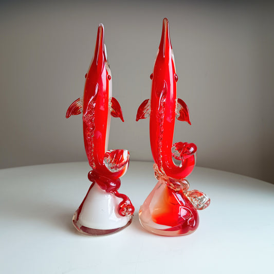 Cased Ruby over Opaque Lattimo Art Glass Solifleur Murano Swordfish Vases amber rigaree fins, lobed foot, pontil,  Alfredo Barbini