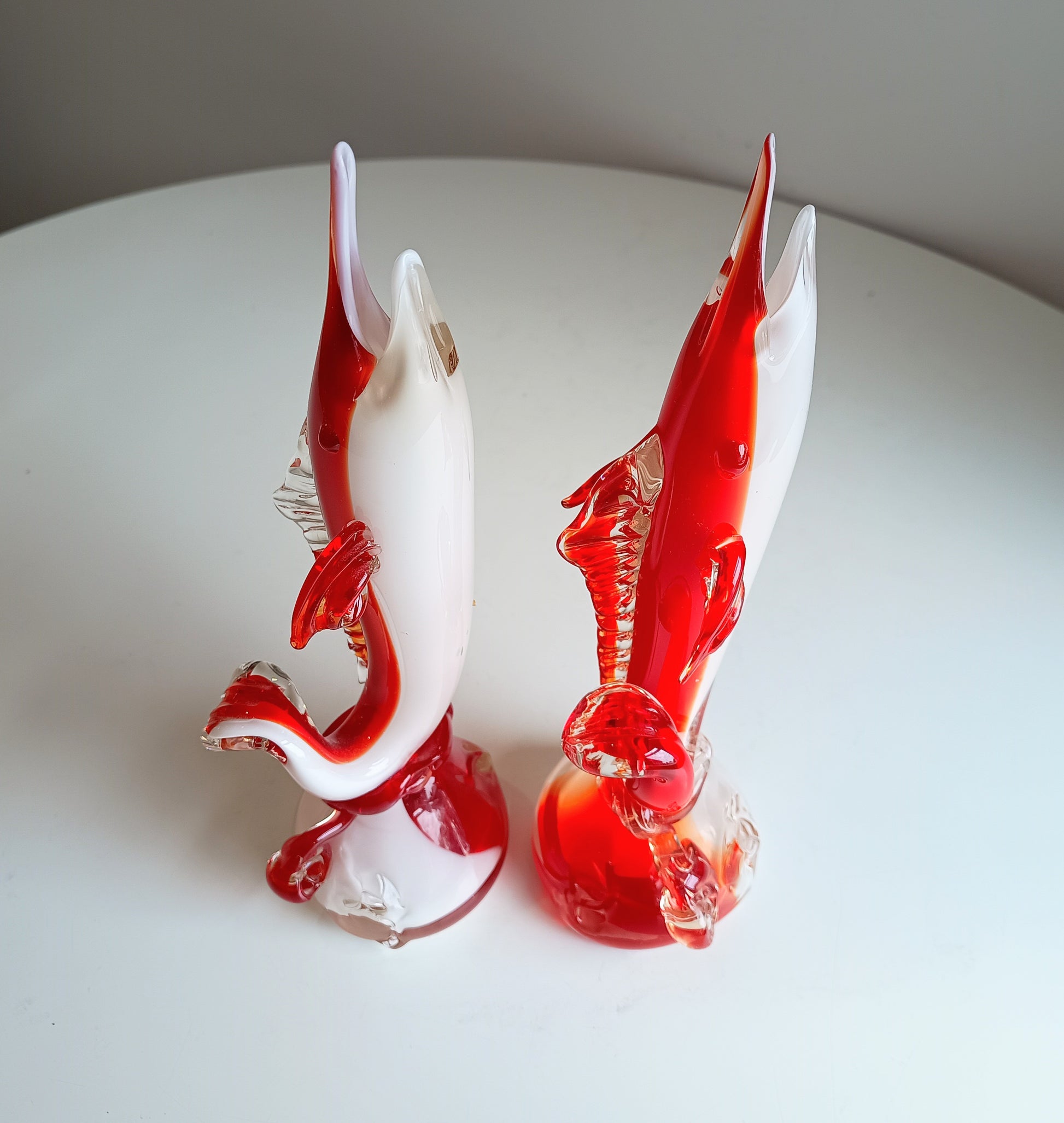 Cased Ruby over Opaque Lattimo Art Glass Solifleur Murano Swordfish Vases amber rigaree fins, lobed foot, pontil,  Alfredo Barbini