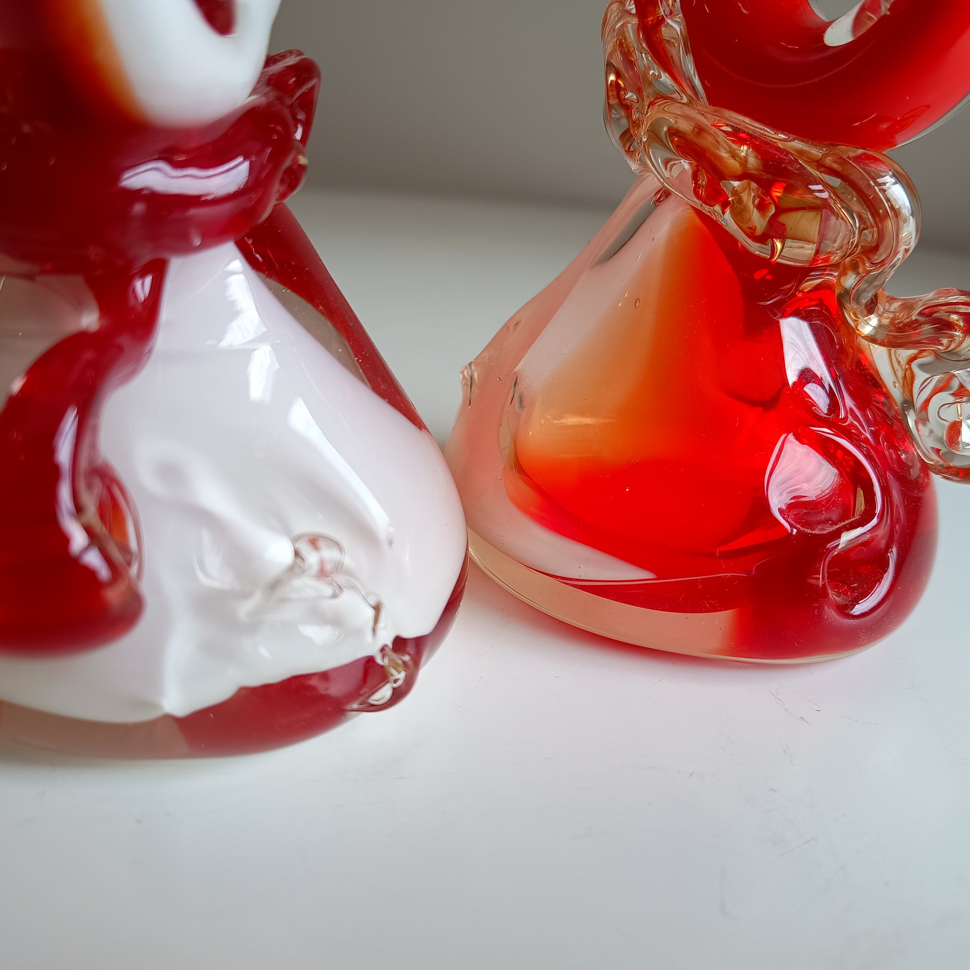 Cased Ruby over Opaque Lattimo Art Glass Solifleur Murano Swordfish Vases amber rigaree fins, lobed foot, pontil,  Alfredo Barbini