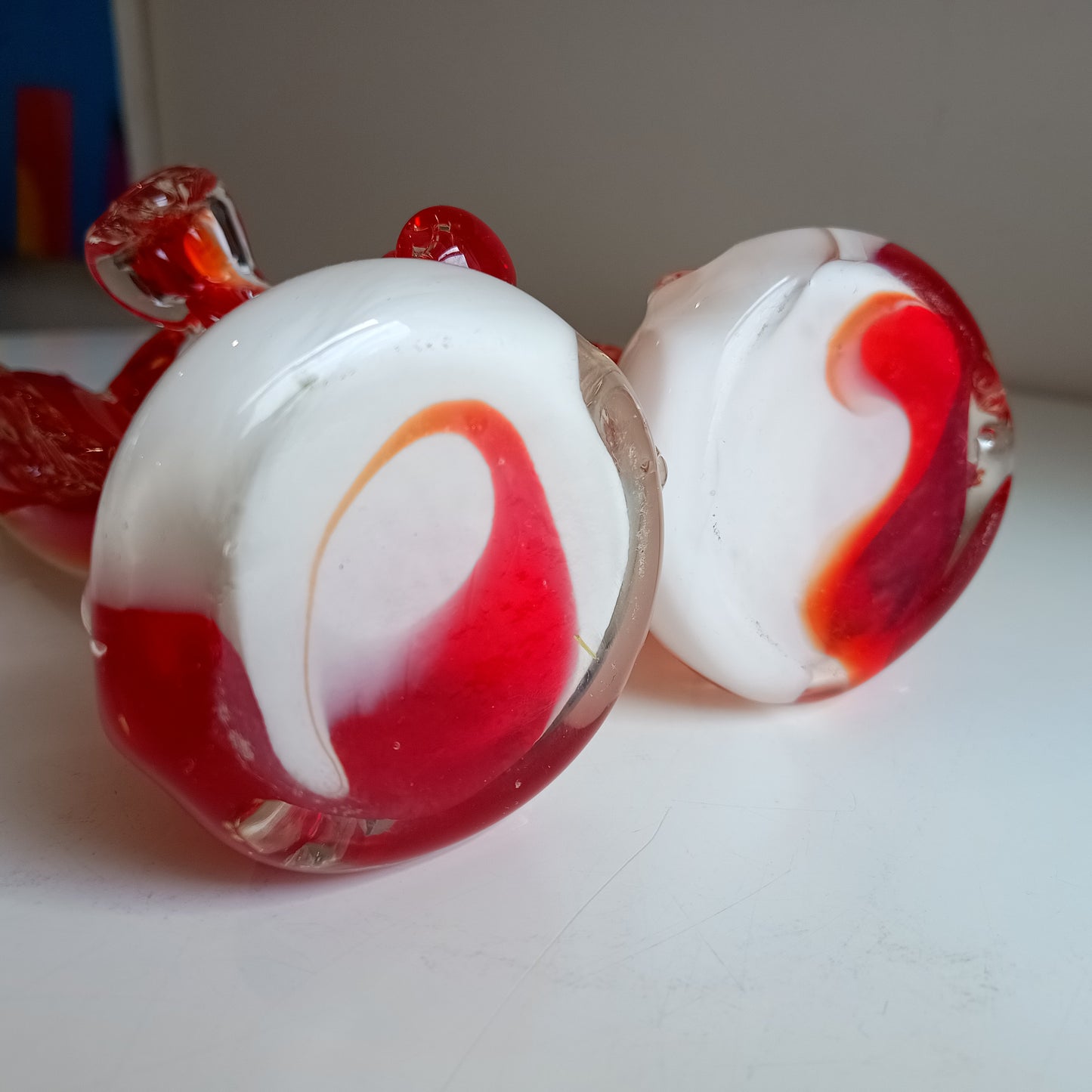 Cased Ruby over Opaque Lattimo Art Glass Solifleur Murano Swordfish Vases amber rigaree fins, lobed foot, pontil, Alfredo Barbini