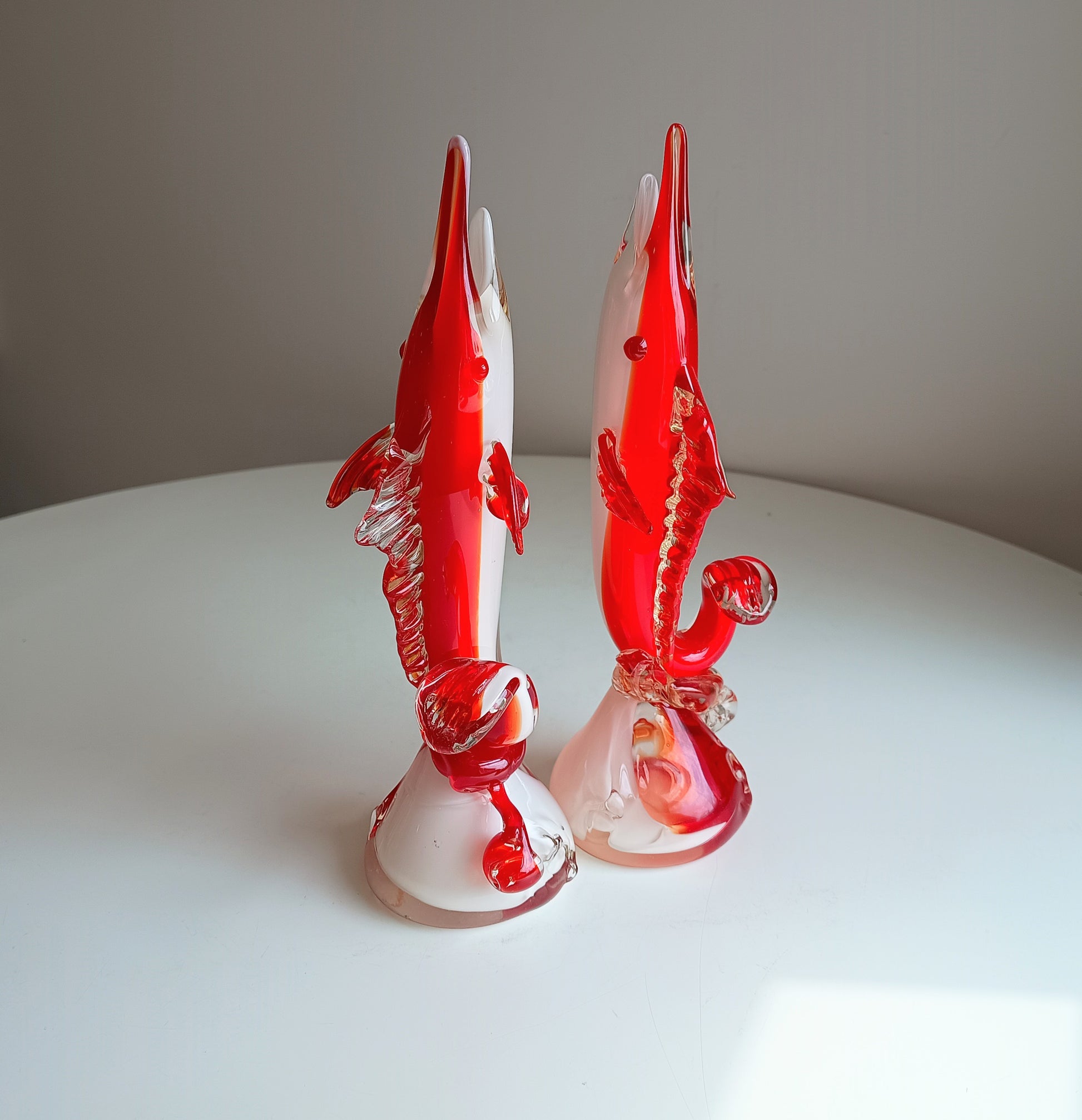 Cased Ruby over Opaque Lattimo Art Glass Solifleur Murano Swordfish Vases amber rigaree fins, lobed foot, pontil,  Alfredo Barbini