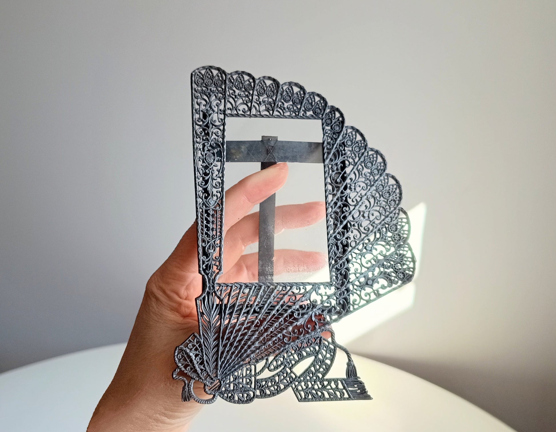 Antique Art Nouveau Jugendstil Faux Filigree Curtain Shaped Tabletop Easel Stand Toleware Photo Frame