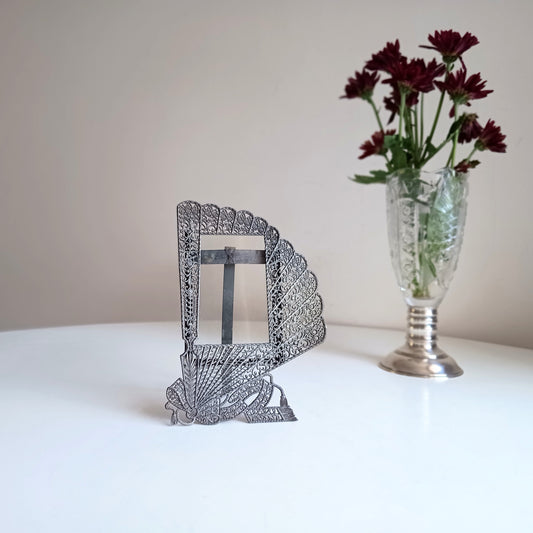 Antique Art Nouveau Jugendstil Faux Filigree Curtain Shaped Tabletop Easel Stand Toleware Photo Frame