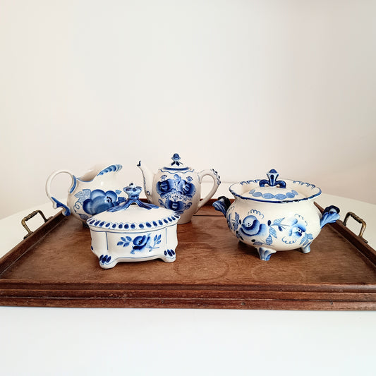Vintage Gzhel Tea-for-One Set Hand-Painted Blue-on-White Cobalt Floral Russian Porcelain Old USSR