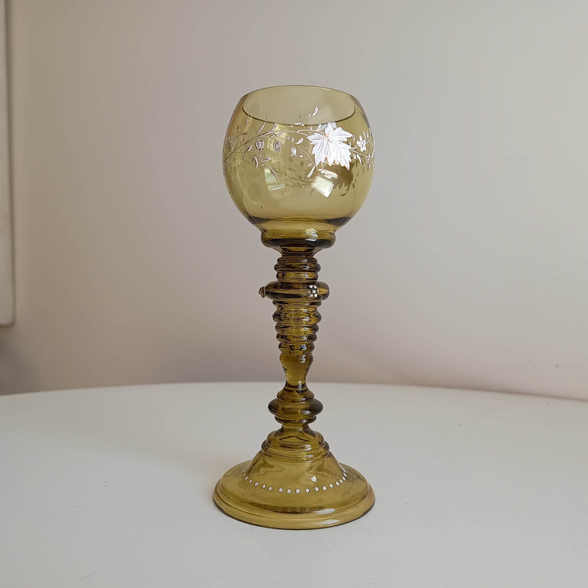 Jugendstil Fritz Heckert Enamelled Olive Green Stem Goblet Wine Glass