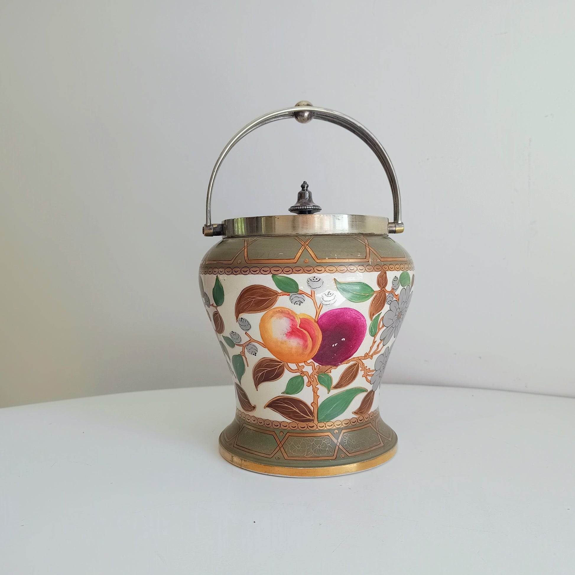 Early 1860 English Hand Painted Ceramic And Silver Plate Lid Baluster Shaped Biscuit Barrel Or Cookies Jar, Floral And Fruit Decor