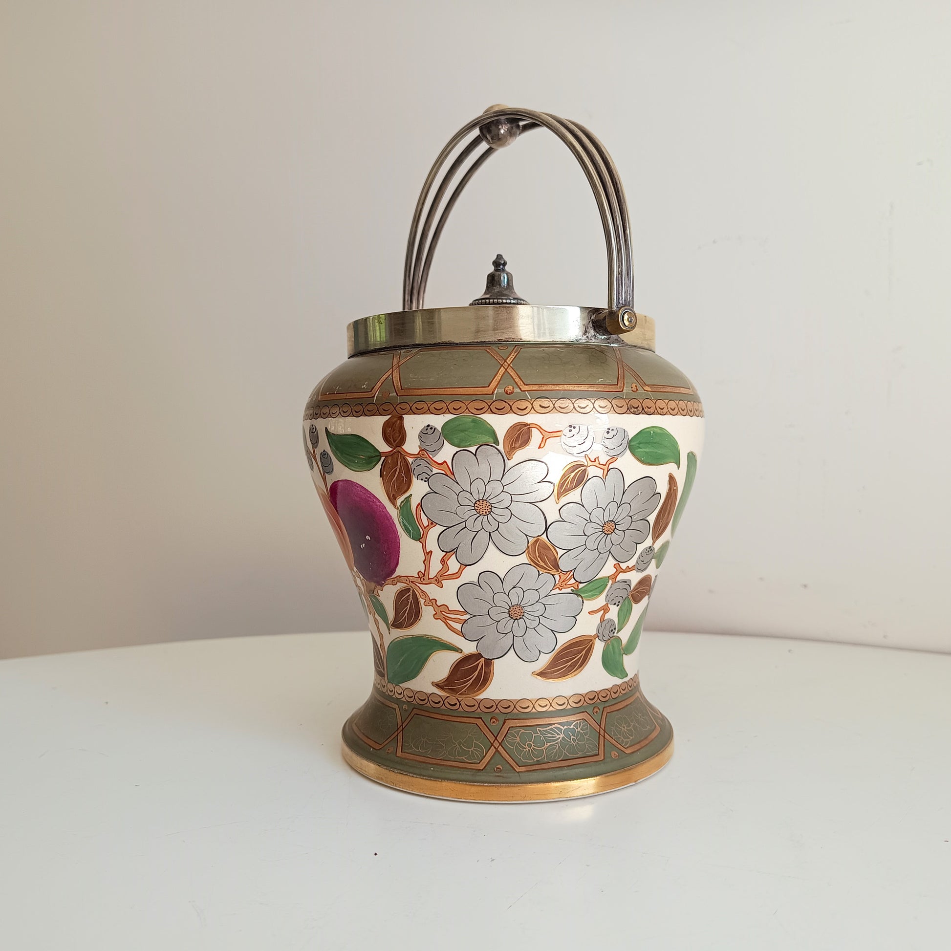 Early 1860 English Hand Painted Ceramic And Silver Plate Lid Baluster Shaped Biscuit Barrel Or Cookies Jar, Floral And Fruit Decor