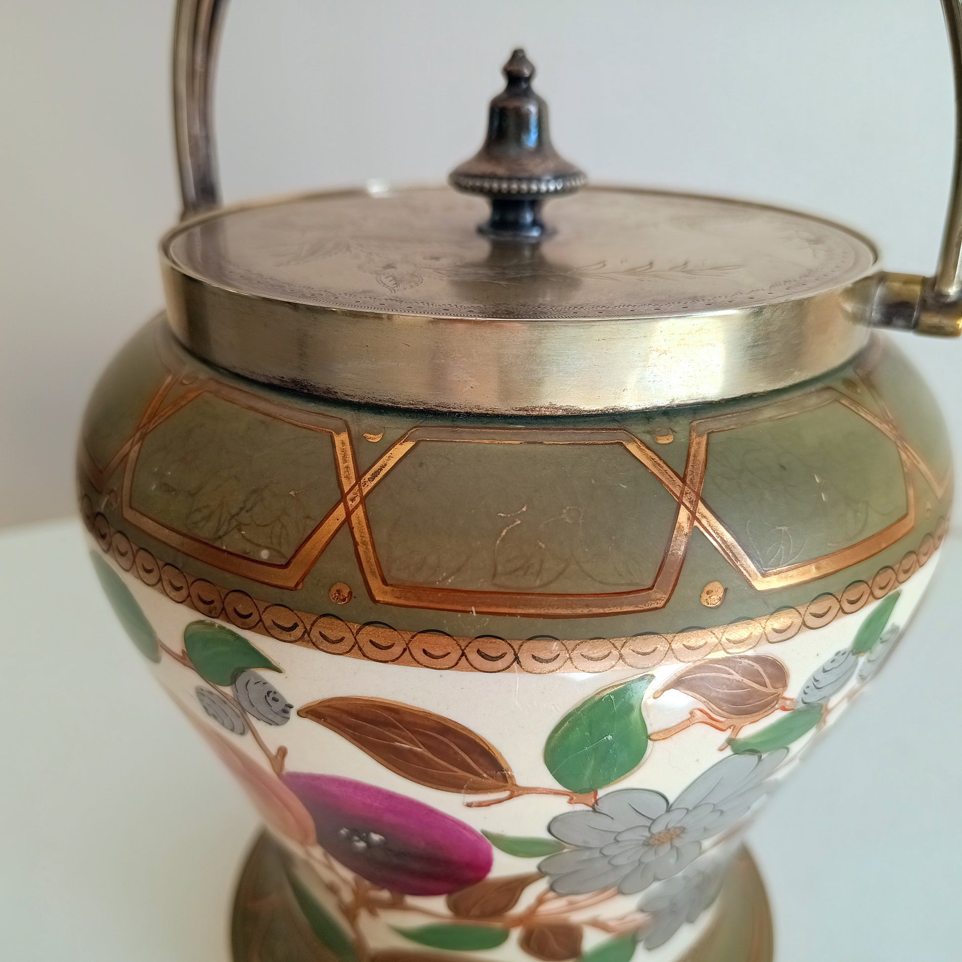 Early 1860 English Hand Painted Ceramic And Silver Plate Lid Baluster Shaped Biscuit Barrel Or Cookies Jar, Floral And Fruit Decor