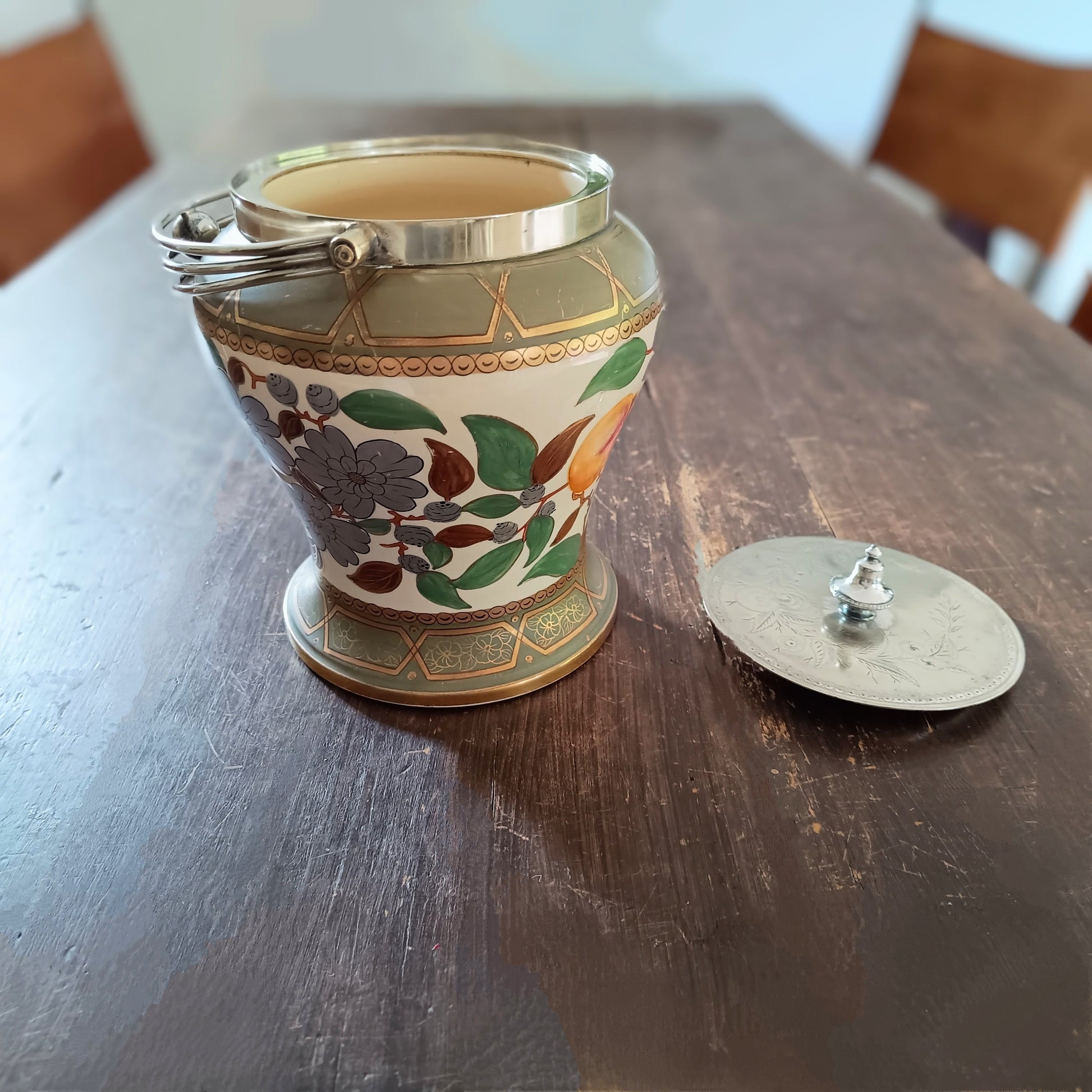 Early 1860 English Hand Painted Ceramic And Silver Plate Lid Baluster Shaped Biscuit Barrel Or Cookies Jar, Floral And Fruit Decor