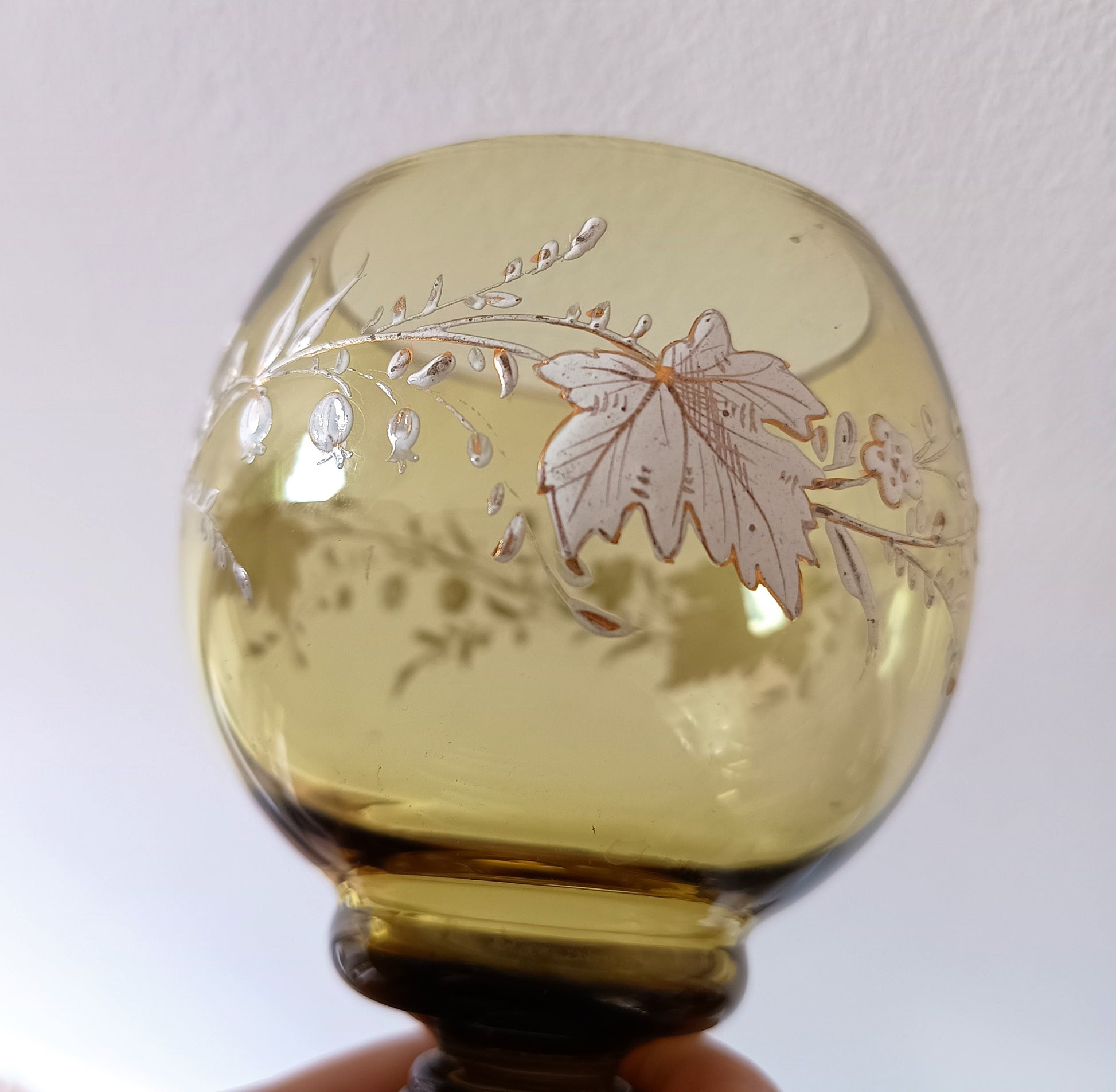 Jugendstil Fritz Heckert Enamelled Olive Green Stem Goblet Wine Glass