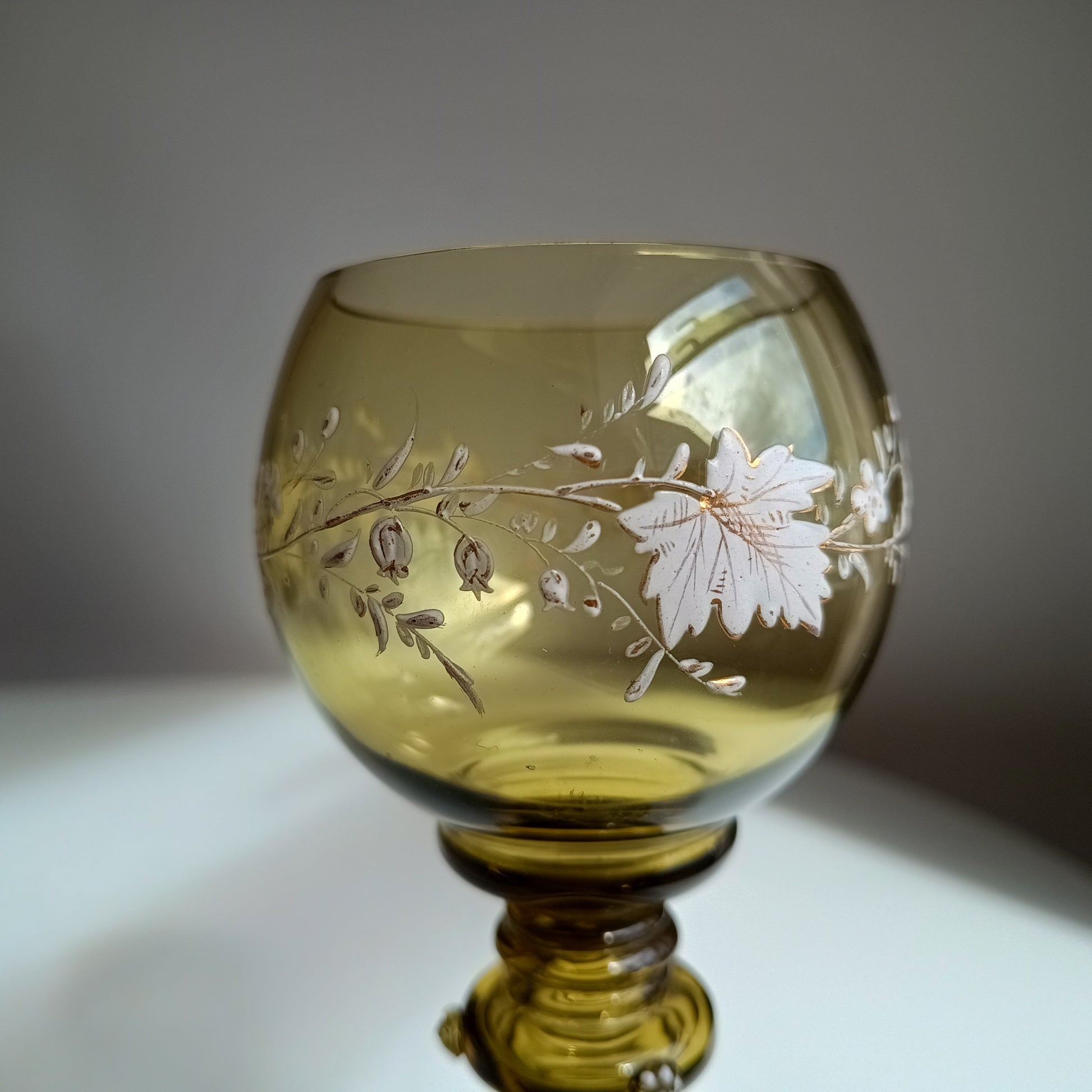 Jugendstil Fritz Heckert Enamelled Olive Green Stem Goblet Wine Glass