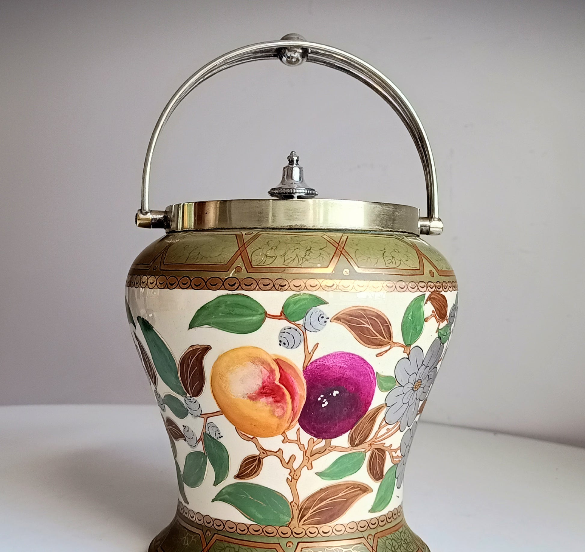 Early 1860 English Hand Painted Ceramic And Silver Plate Lid Baluster Shaped Biscuit Barrel Or Cookies Jar, Floral And Fruit Decor