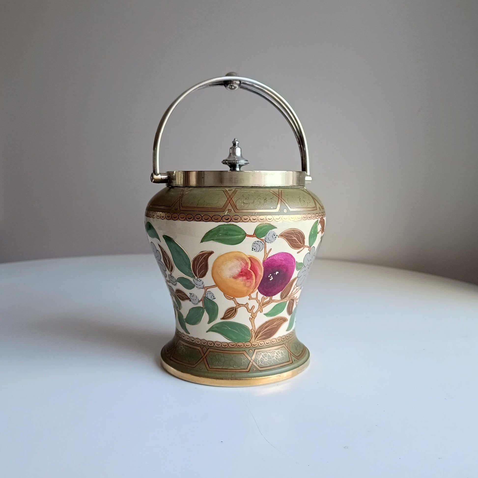Early 1860 English Hand Painted Ceramic And Silver Plate Lid Baluster Shaped Biscuit Barrel Or Cookies Jar, Floral And Fruit Decor