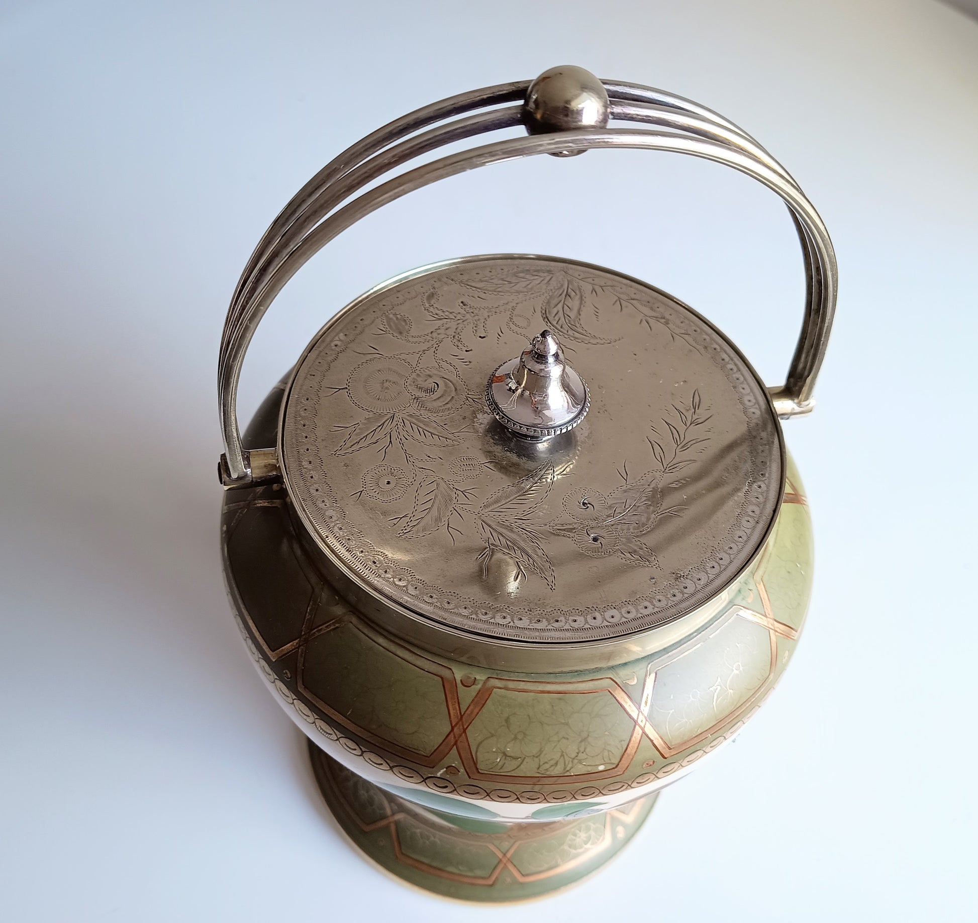 Early 1860 English Hand Painted Ceramic And Silver Plate Lid Baluster Shaped Biscuit Barrel Or Cookies Jar, Floral And Fruit Decor