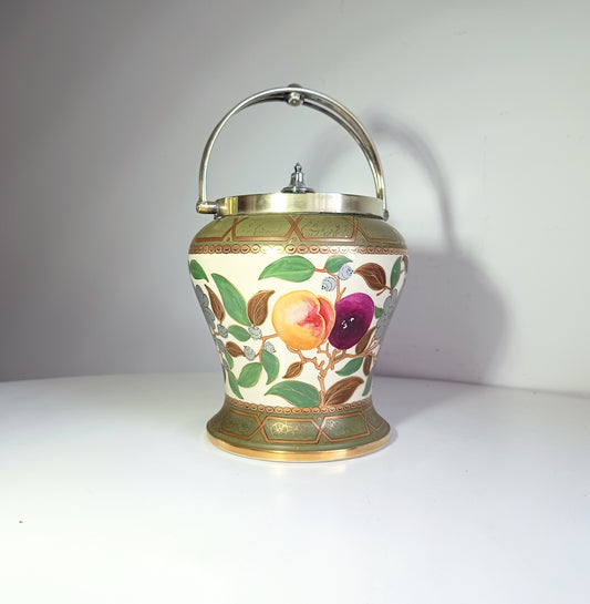 Early 1860 English Hand Painted Ceramic And Silver Plate Lid Baluster Shaped Biscuit Barrel Or Cookies Jar, Floral And Fruit Decor