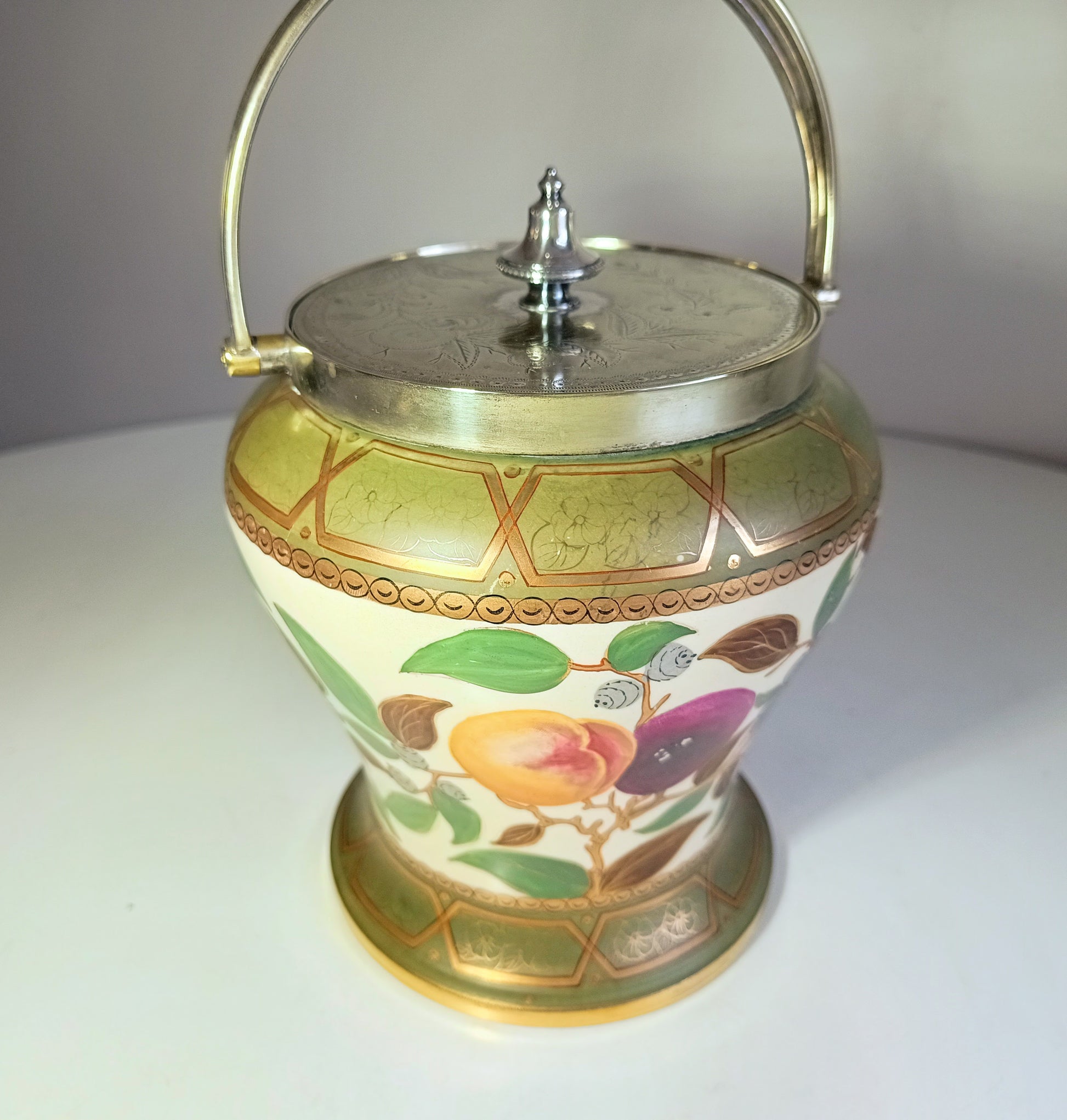 Early 1860 English Hand Painted Ceramic And Silver Plate Lid Baluster Shaped Biscuit Barrel Or Cookies Jar, Floral And Fruit Decor