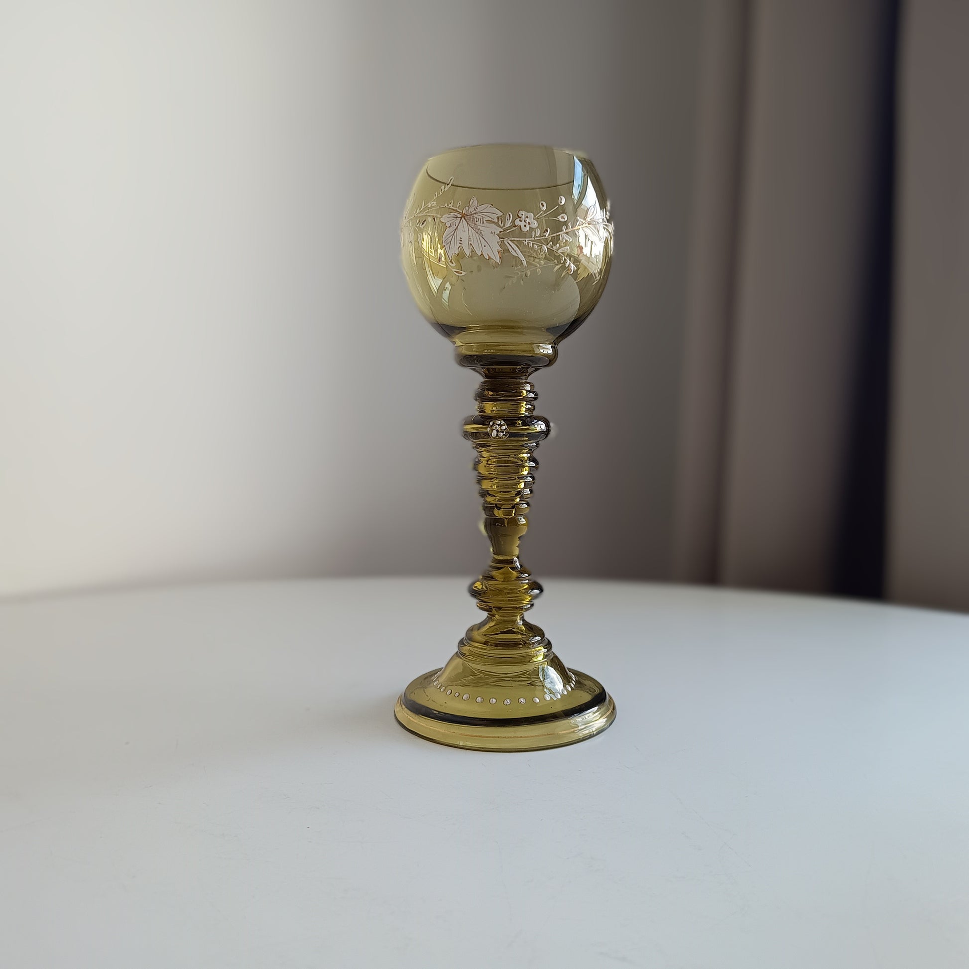 Jugendstil Fritz Heckert Enamelled Olive Green Stem Goblet Wine Glass