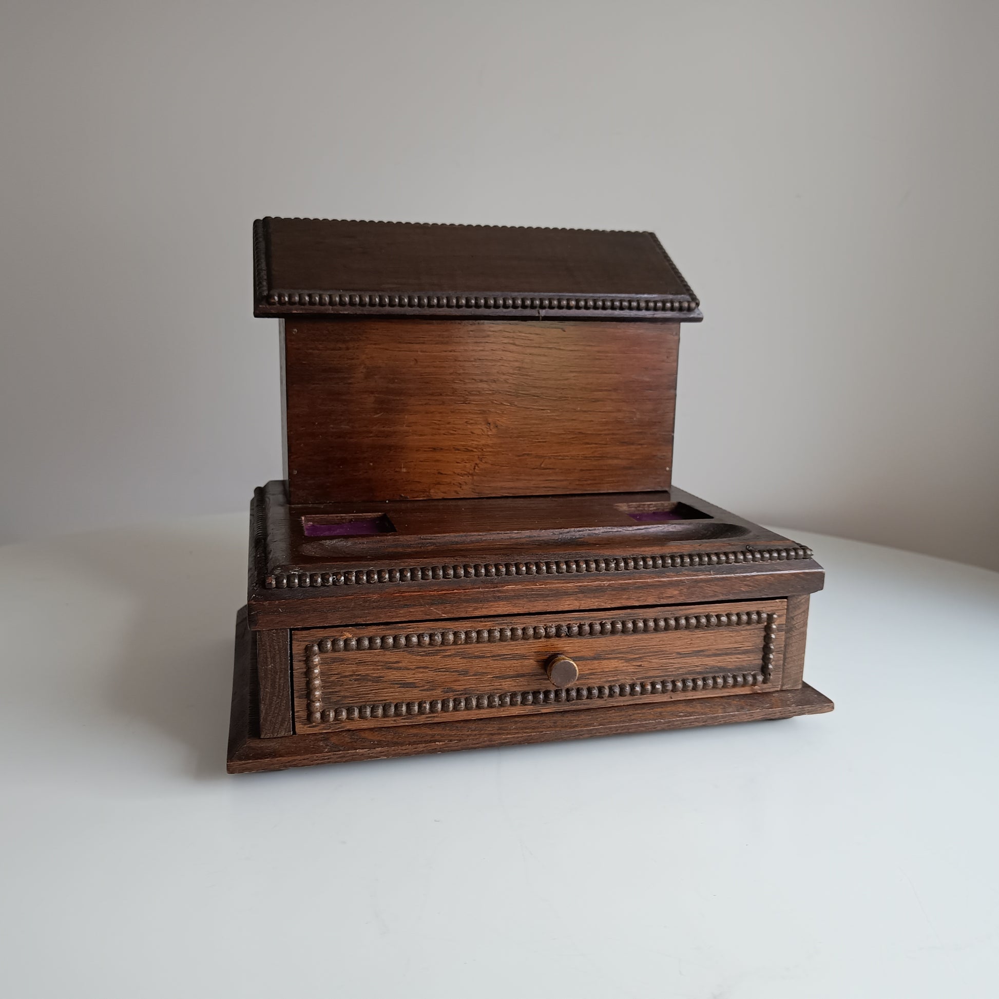 Antique English Small Oak Desk Tidy With Lidded Papers Holder And Pull Out Drawer, Circa 1890 1900