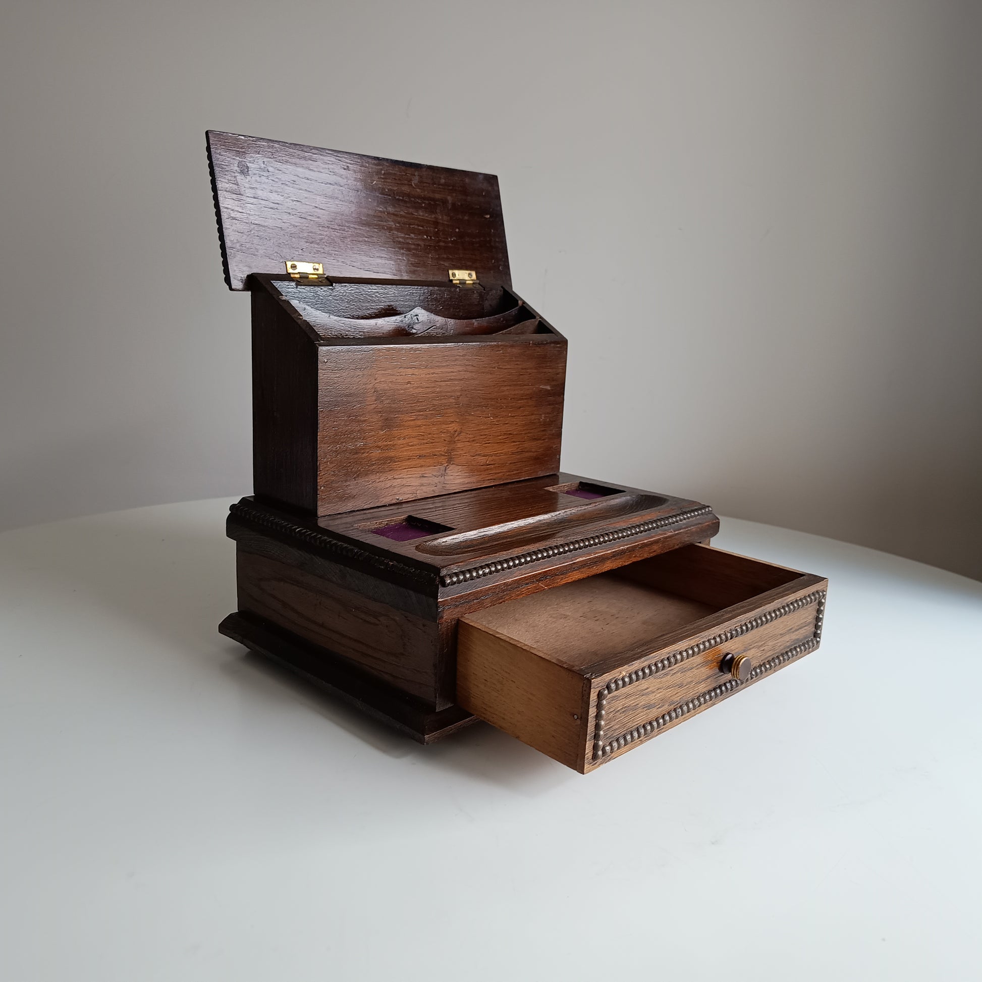 Antique English Small Oak Desk Tidy With Lidded Papers Holder And Pull Out Drawer, Circa 1890 1900