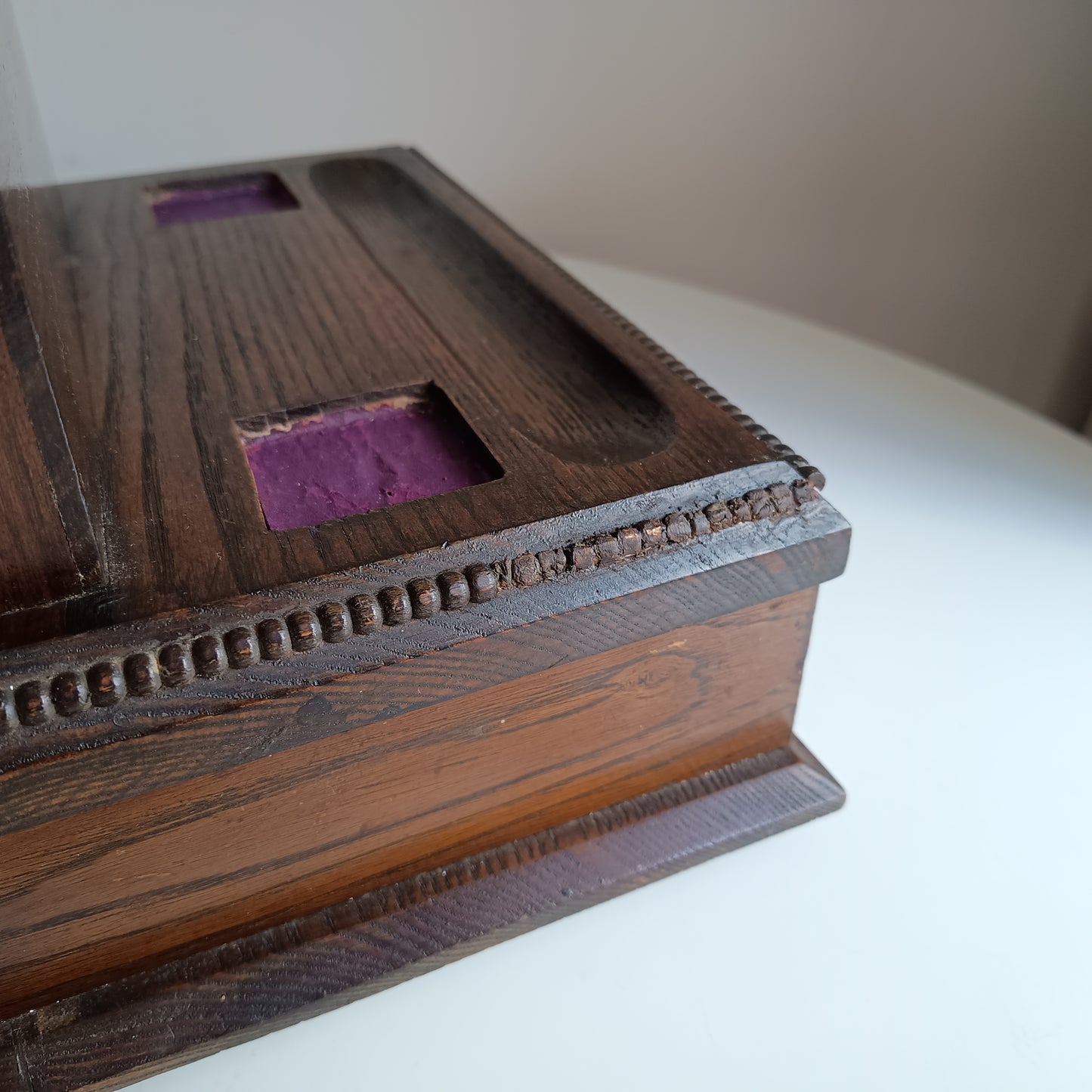 Antique English Small Oak Desk Tidy With Lidded Papers Holder And Pull Out Drawer, Circa 1890 1900