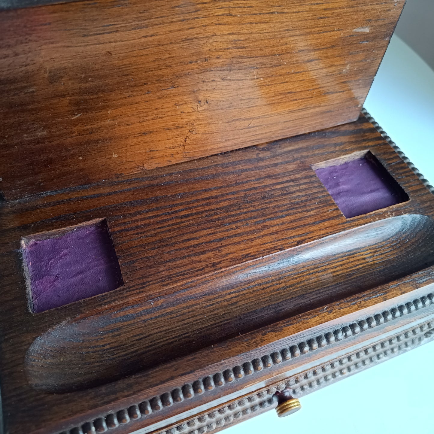 Antique English Small Oak Desk Tidy With Lidded Papers Holder And Pull Out Drawer, Circa 1890 1900