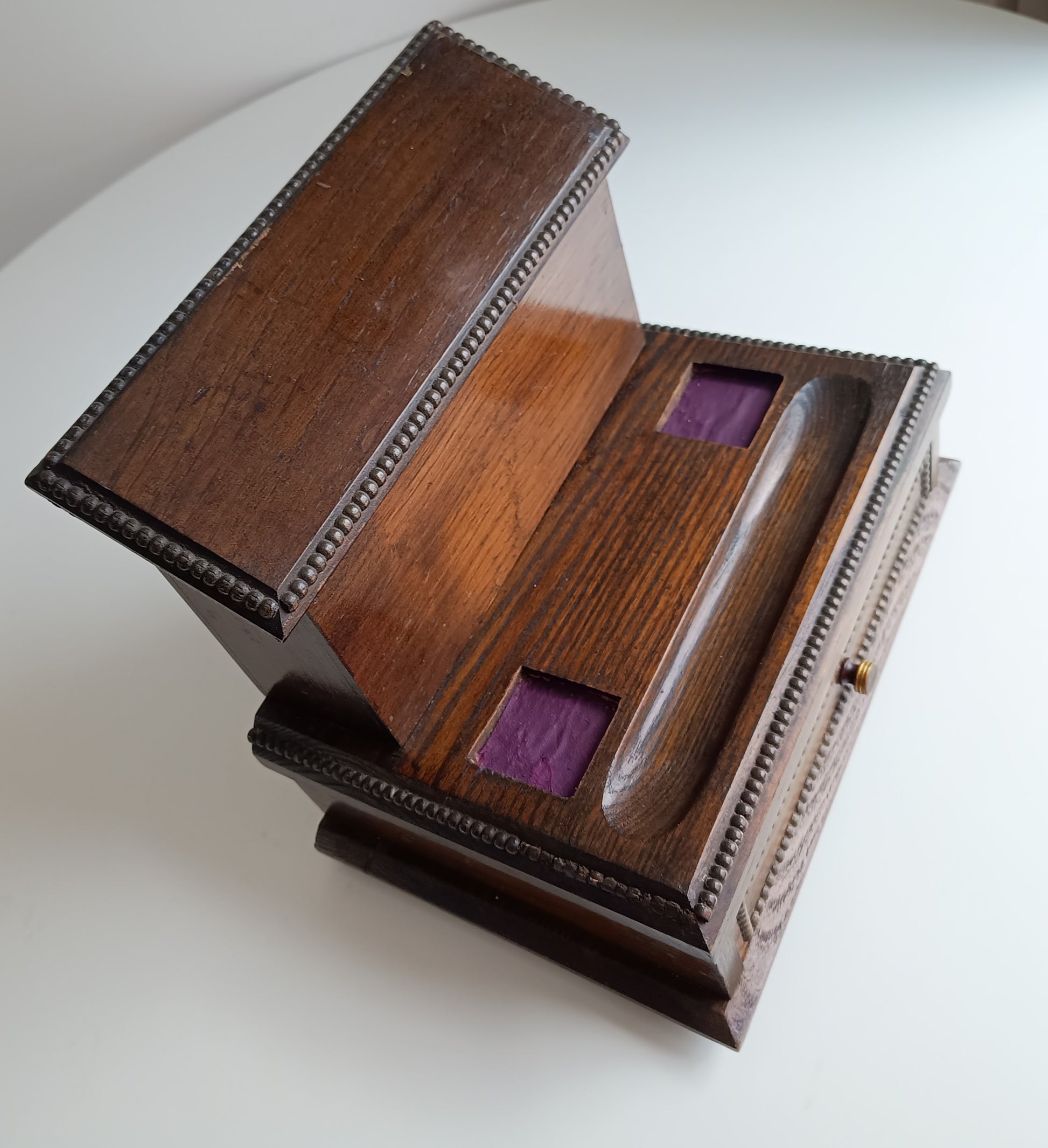 Antique English Small Oak Desk Tidy With Lidded Papers Holder And Pull Out Drawer, Circa 1890 1900