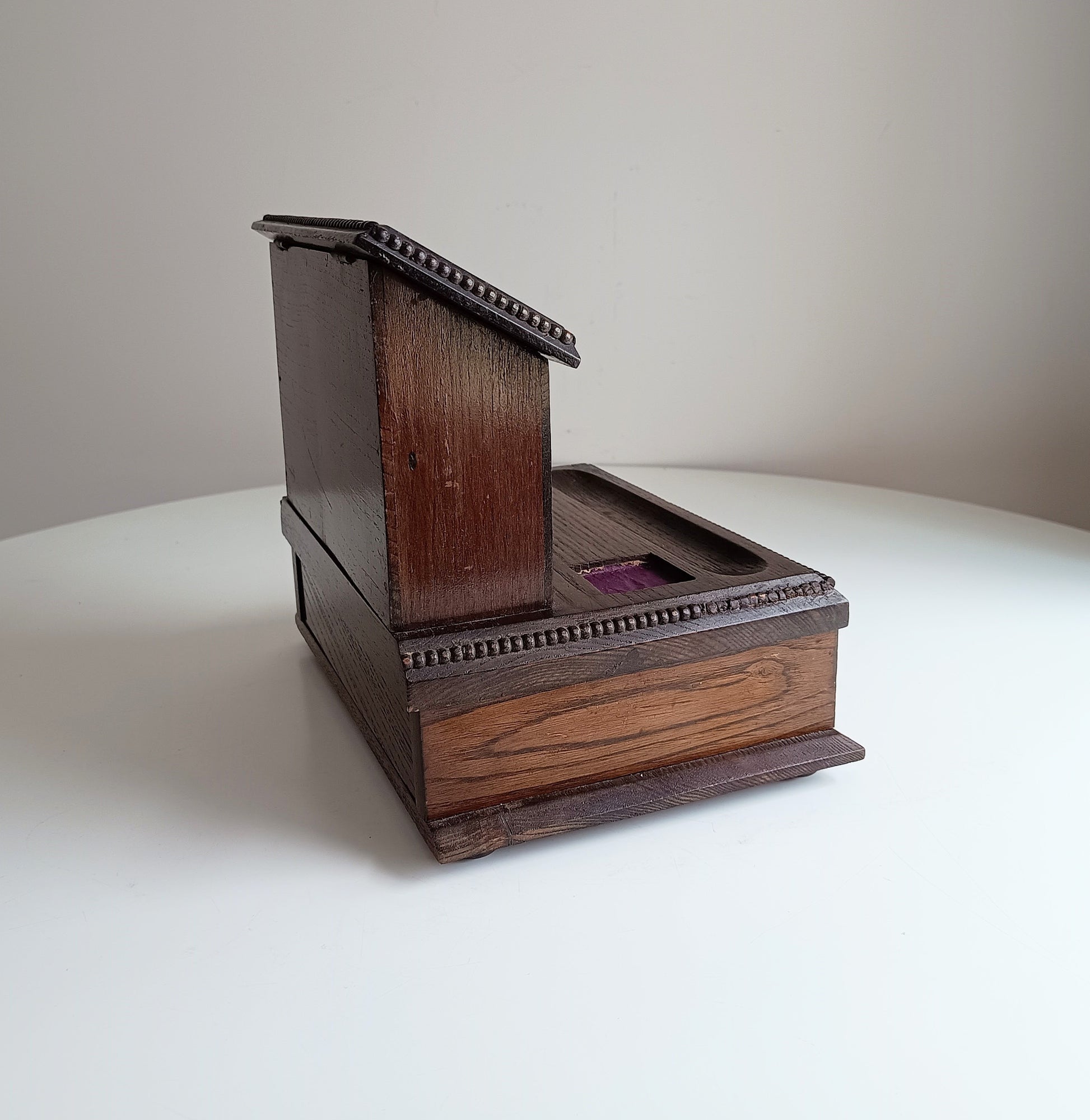 Antique English Small Oak Desk Tidy With Lidded Papers Holder And Pull Out Drawer, Circa 1890 1900