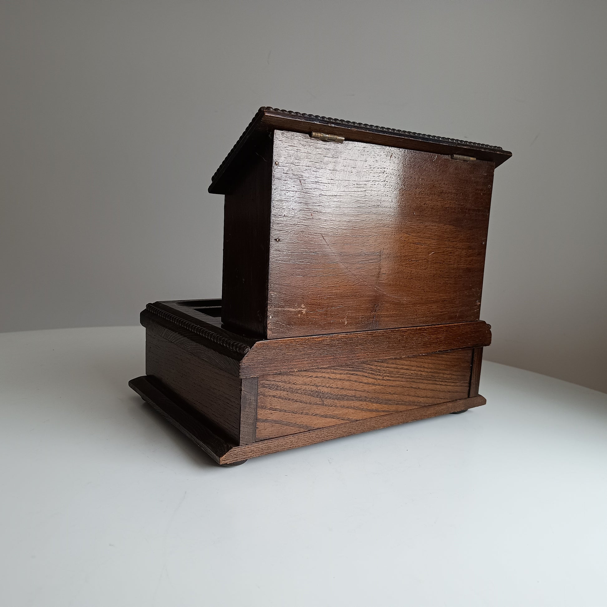 Antique English Small Oak Desk Tidy With Lidded Papers Holder And Pull Out Drawer, Circa 1890 1900