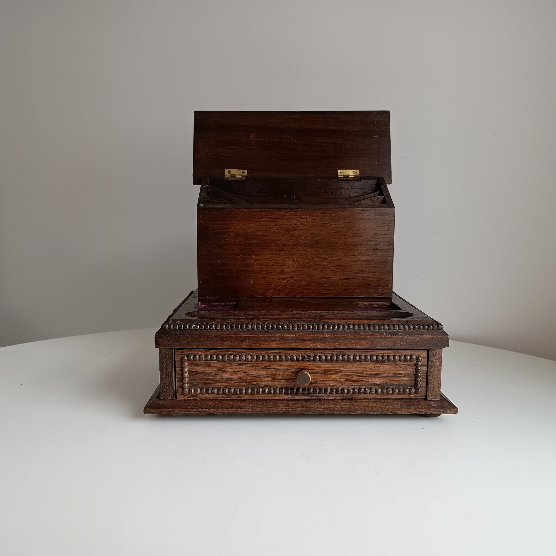 Antique English Small Oak Desk Tidy With Lidded Papers Holder And Pull Out Drawer, Circa 1890 1900