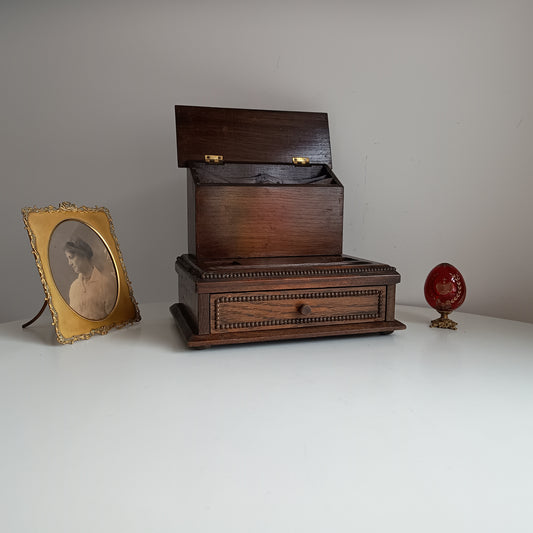 Antique English Small Oak Desk Tidy With Lidded Papers Holder And Pull Out Drawer, Circa 1890 1900