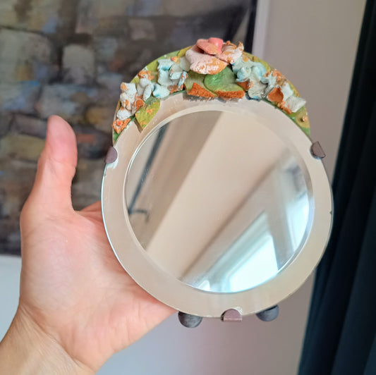 Authentic Vintage English Small Barbola Mirror with Painted Leather Flowers