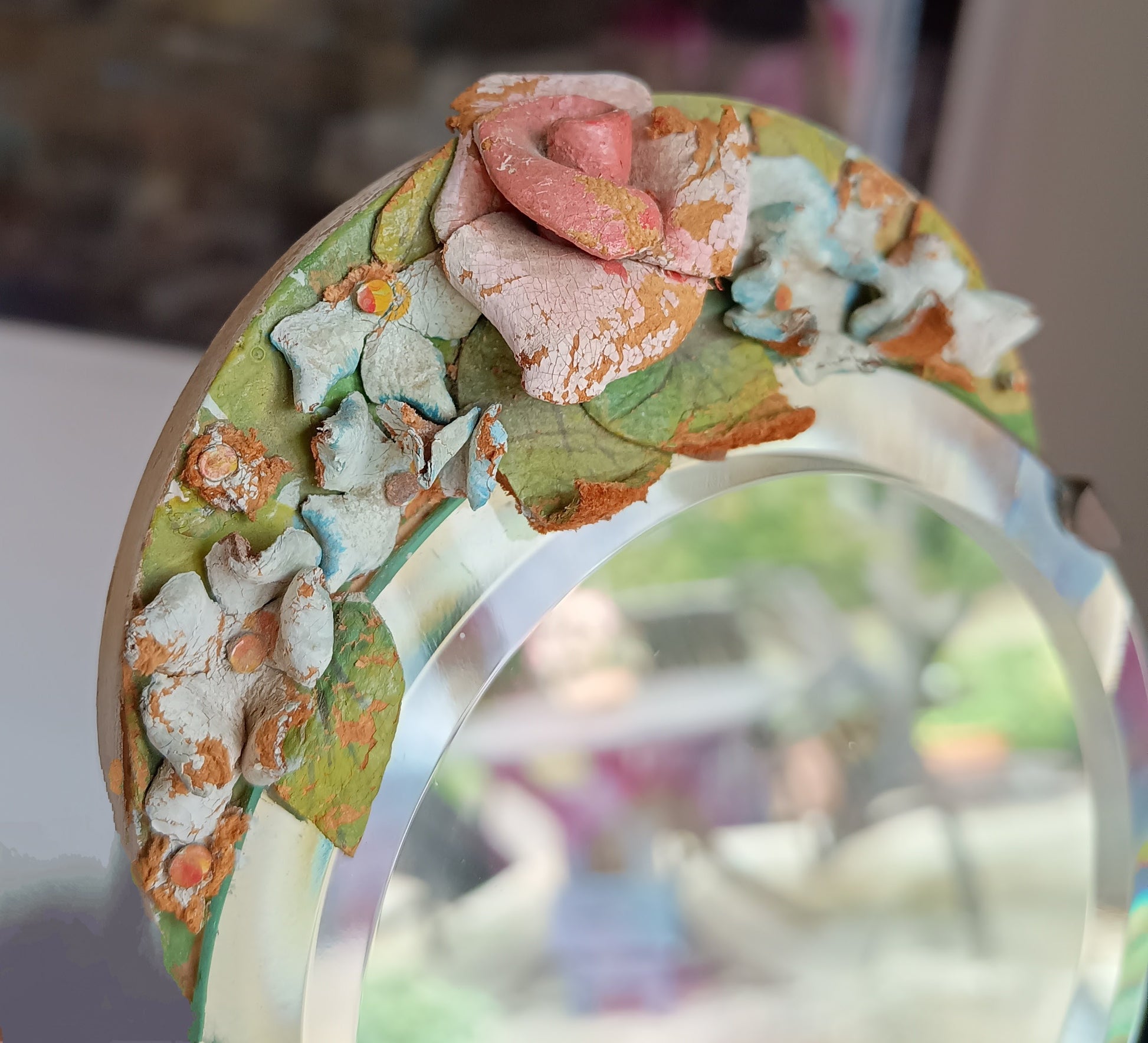 Authentic Vintage English Small Barbola Mirror with Painted Leather Flowers